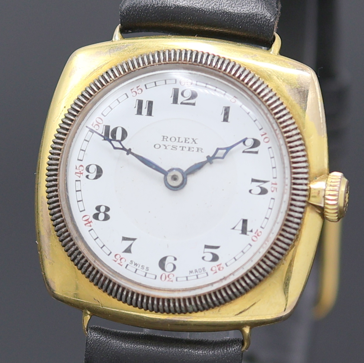 Detail a: ROLEX Oyster sogenannte "Kanalschwimmer" Armbanduhr Referenz 678 in GG 375/000, Schweiz um 1930, Handaufzug, Boden, Krone u. ...