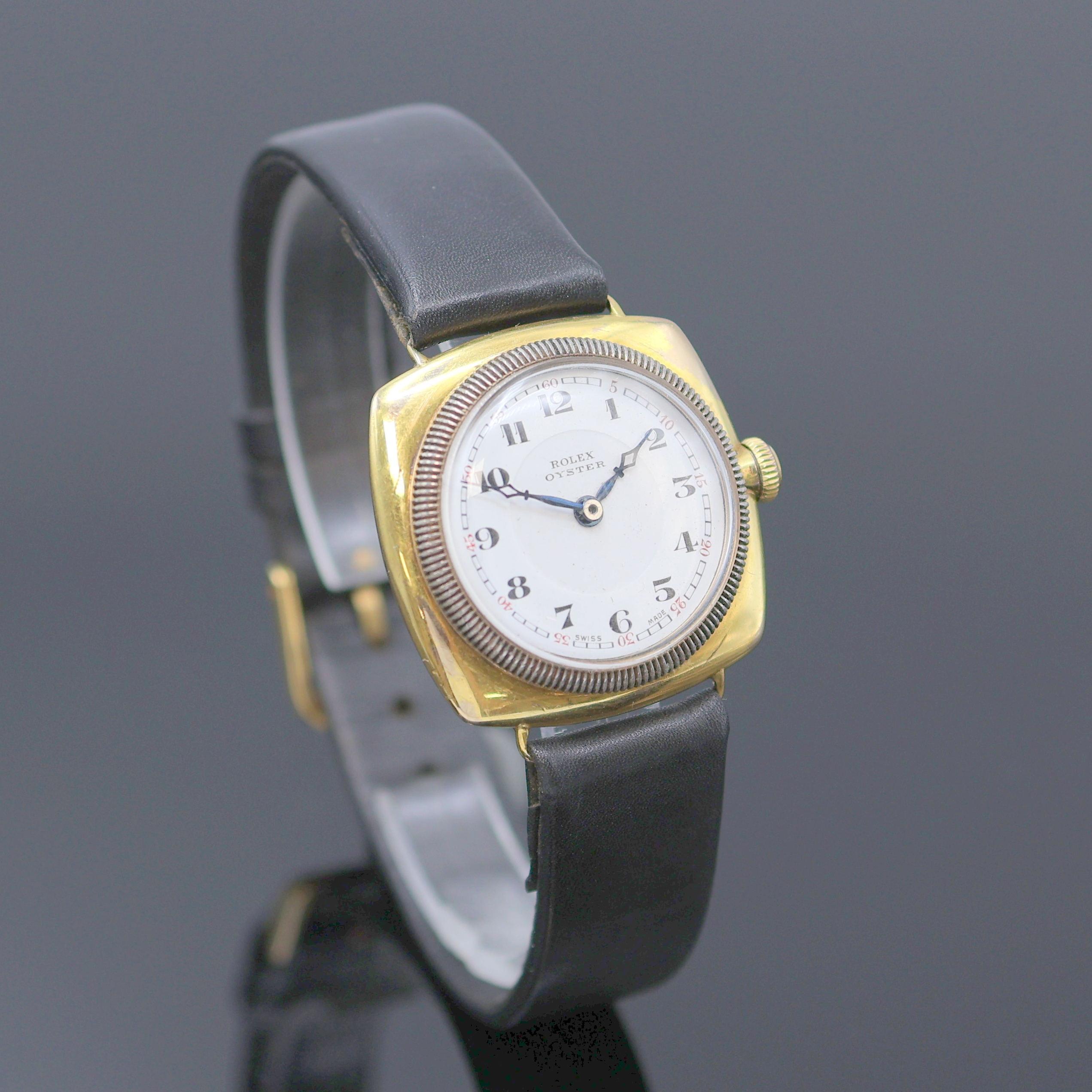 Detail b: ROLEX Oyster sogenannte "Kanalschwimmer" Armbanduhr Referenz 678 in GG 375/000, Schweiz um 1930, Handaufzug, Boden, Krone u. ...