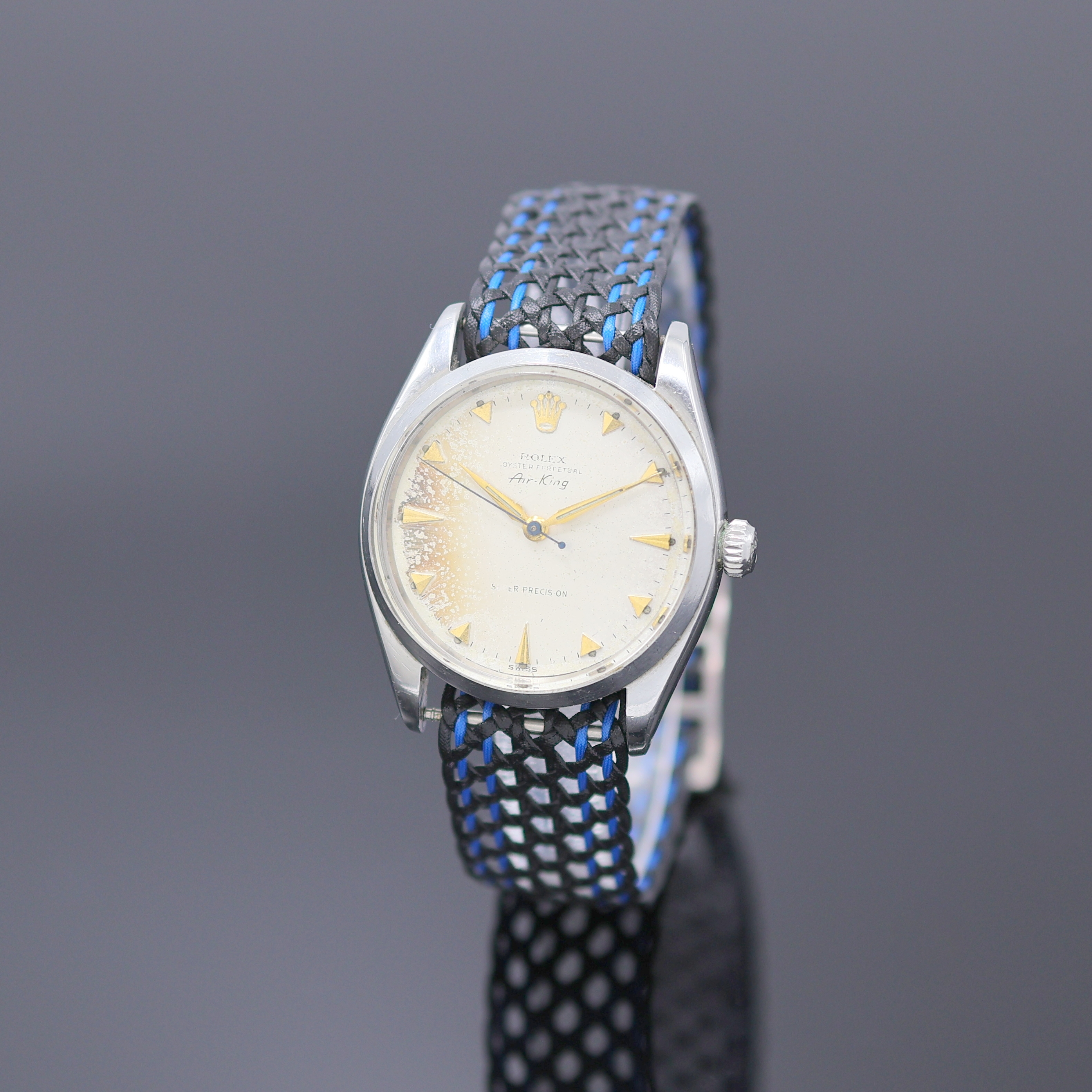 ROLEX Oyster Perpetual Air-King Armbanduhr in Stahl Referenz 5500, Schweiz lt. Hallmark 4. Quartal 1958, Automatik, Boden u. Krone verschr., silb. ...