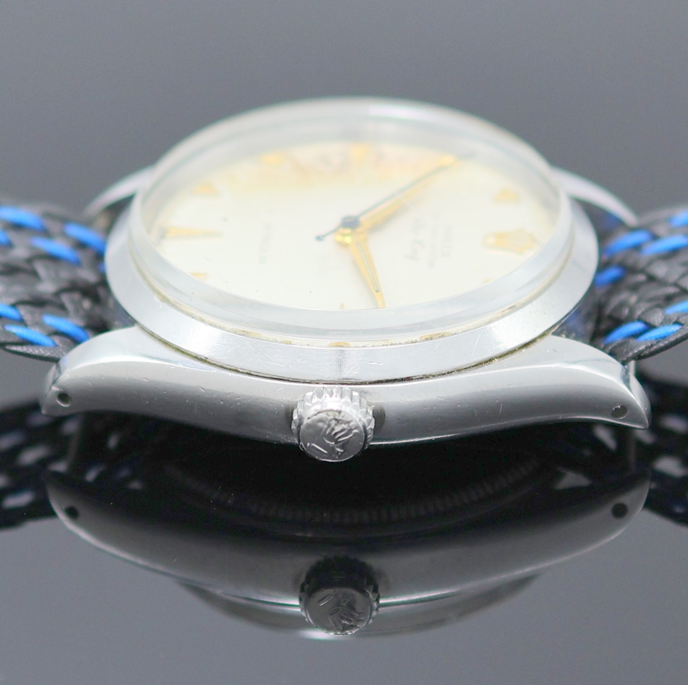 Detail d: ROLEX Oyster Perpetual Air-King Armbanduhr in Stahl Referenz 5500, Schweiz lt. Hallmark 4. Quartal 1958, Automatik, Boden u. Krone verschr., silb. ...