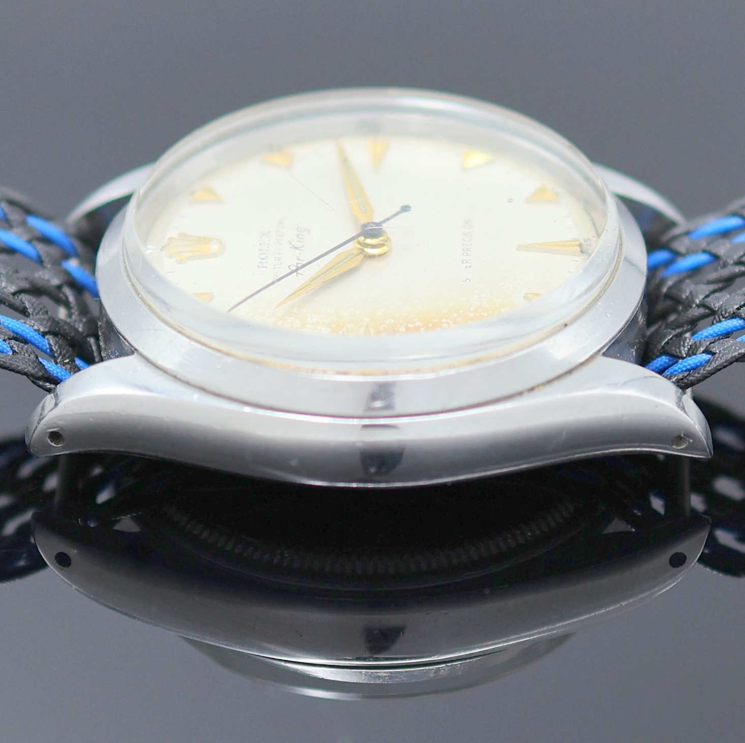 Detail e: ROLEX Oyster Perpetual Air-King Armbanduhr in Stahl Referenz 5500, Schweiz lt. Hallmark 4. Quartal 1958, Automatik, Boden u. Krone verschr., silb. ...