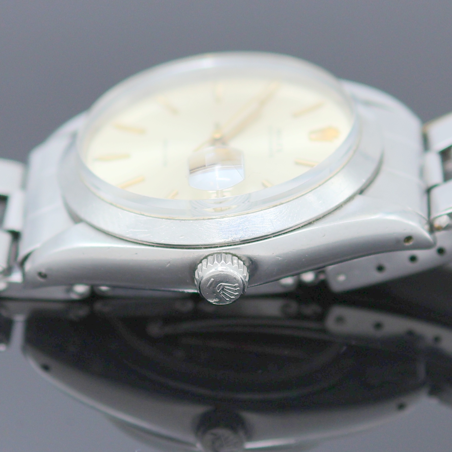 Detail e: ROLEX Oyster Date Precision Armbanduhr Referenz 6694, Schweiz um 1965, Handaufzug, Boden u. Krone verschr., orig. Stahlband Ref. 7205, Anstoß-Nr. 09 ...