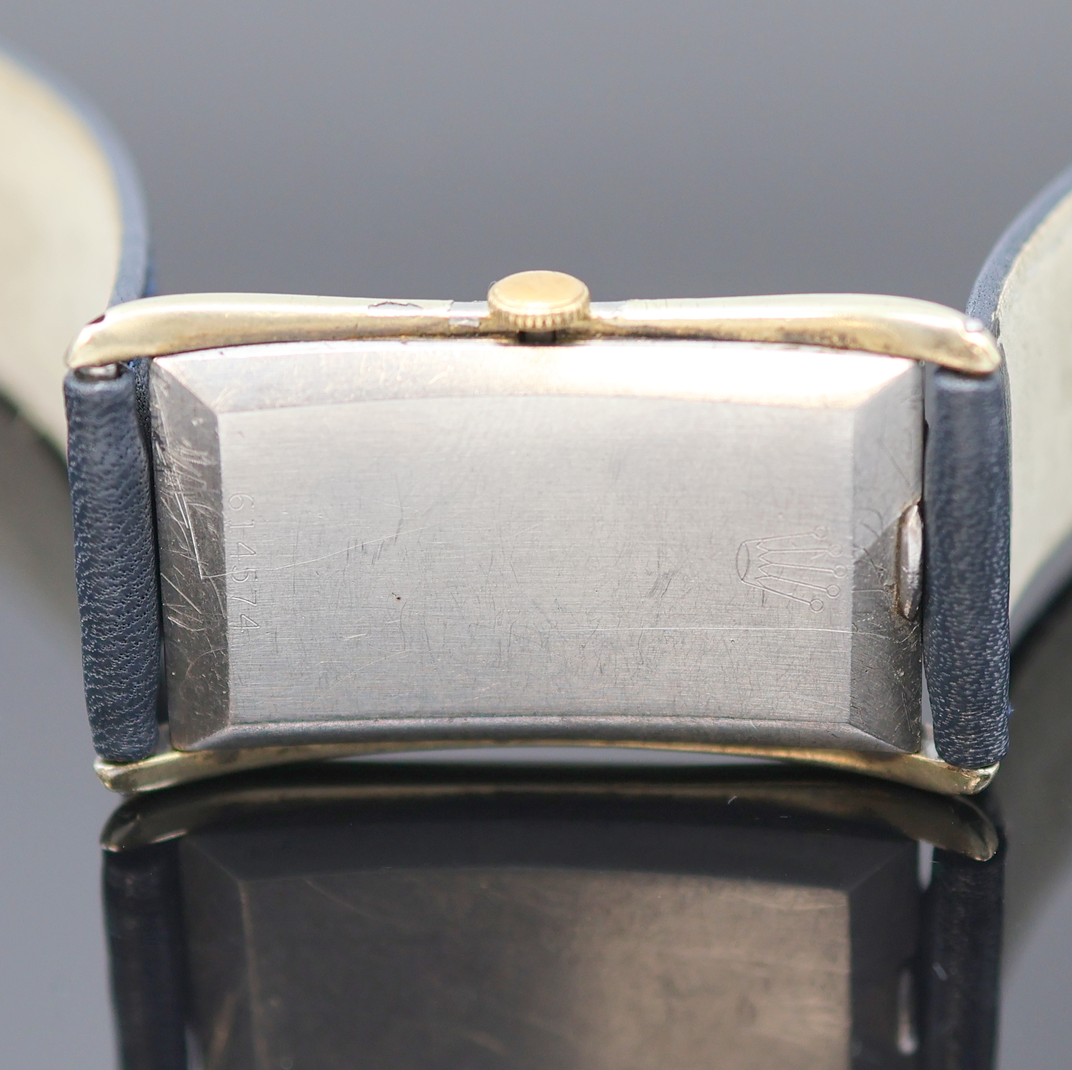 Detail f: ROLEX Prince Armbanduhr Referenz 1490, Schweiz um 1935, Handaufzug, rechteckiges, teilw. verg. Stahlgeh., Boden aufgedr., silb. Zifferbl. ...