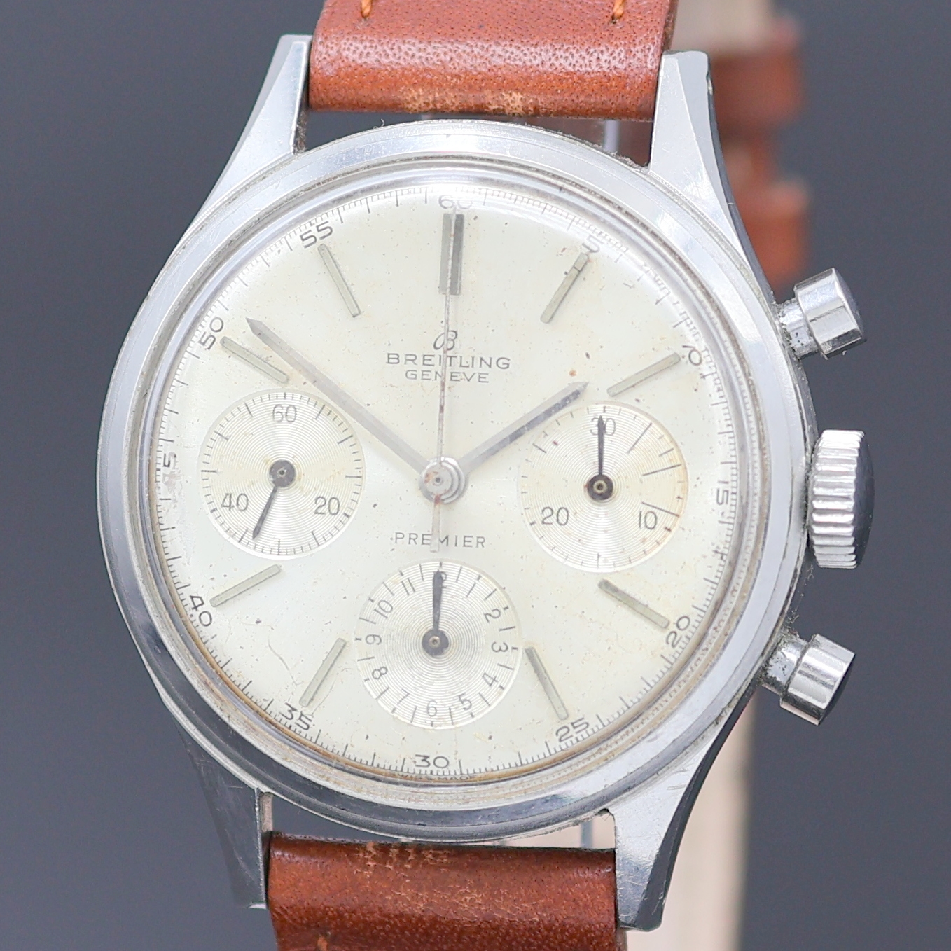 Detail a: BREITLING Premier Armbandchronograph Referenz 788, Schweiz um 1950, Handaufzug Edelstahlgeh., Boden verschr., silb. Zifferbl. fl., silb. Zeiger, ...
