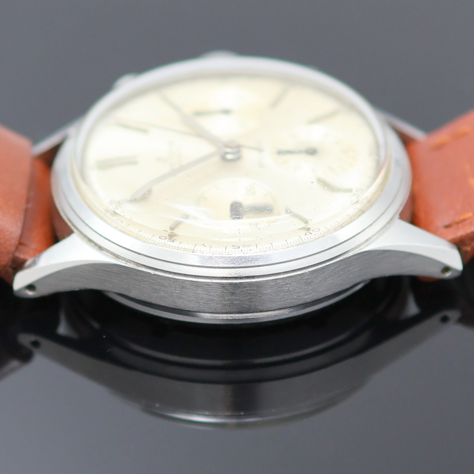Detail e: BREITLING Premier Armbandchronograph Referenz 788, Schweiz um 1950, Handaufzug Edelstahlgeh., Boden verschr., silb. Zifferbl. fl., silb. Zeiger, ...