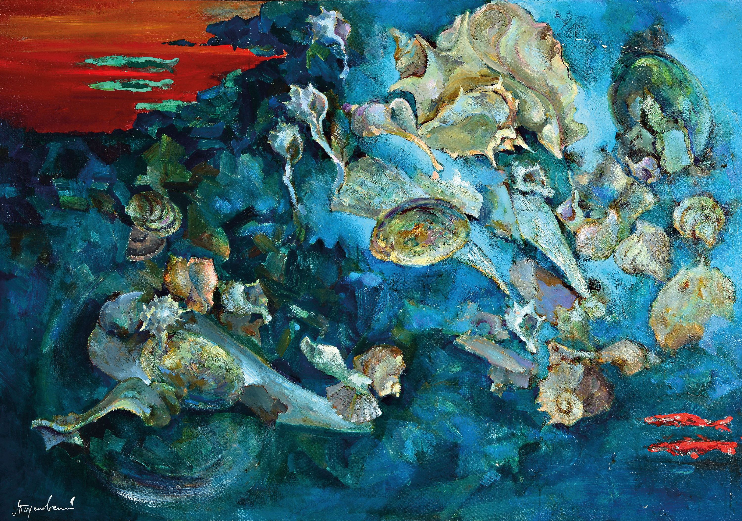 Detail c: Michail Borisowitsch Tichanowskij, geb. 1968 Sagorsk, Triptychon "Muscheln, Kieselstein" so verso bez., 1995, Öl/Lwd, je signiert, ...