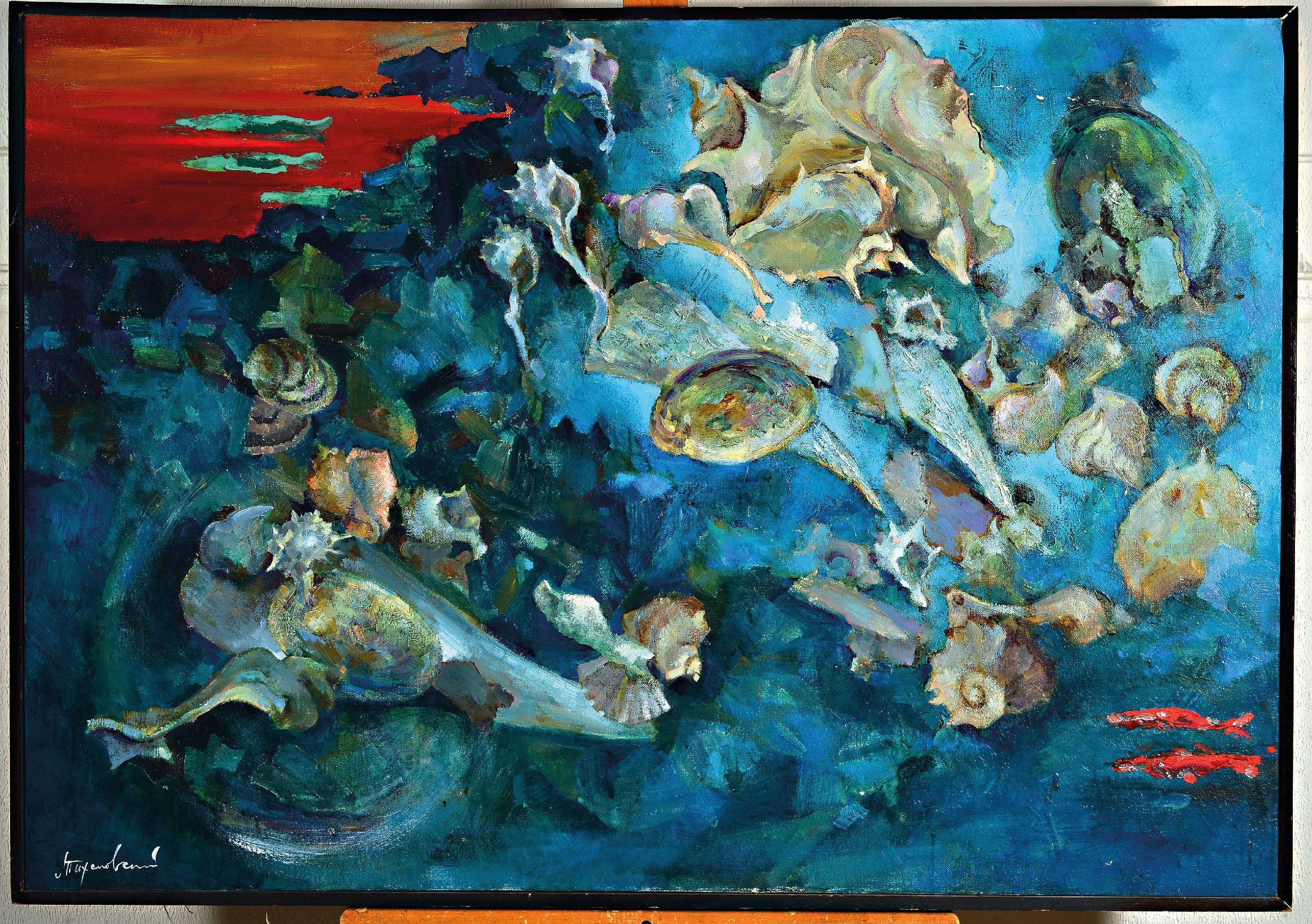 Detail l: Michail Borisowitsch Tichanowskij, geb. 1968 Sagorsk, Triptychon "Muscheln, Kieselstein" so verso bez., 1995, Öl/Lwd, je signiert, ...