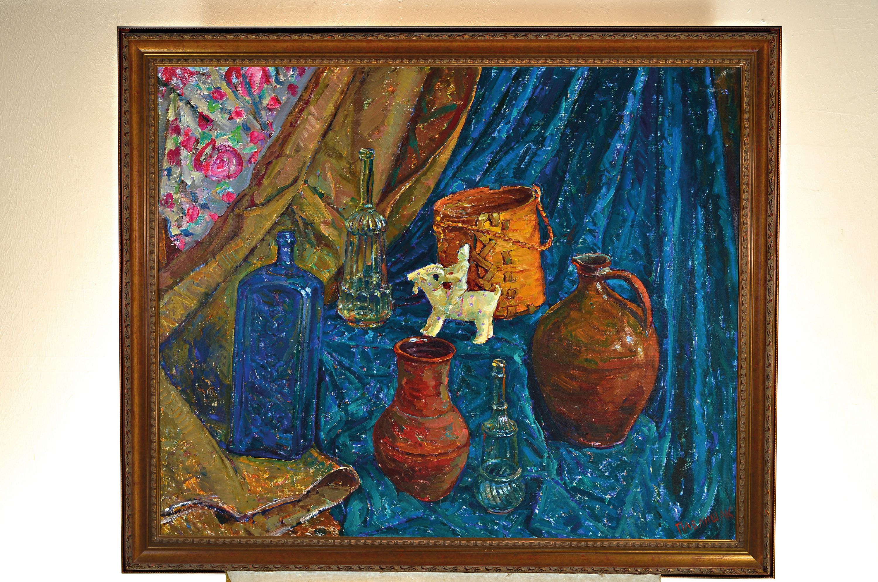 Detail k: Josef Andrejewitsch Pawlischak, 1923-1995 Kaluga, "Stillleben mit den Flaschen", 1993, Öl/Lwd, 86x105 cm, Rahmen 99x118 cm, verso ...