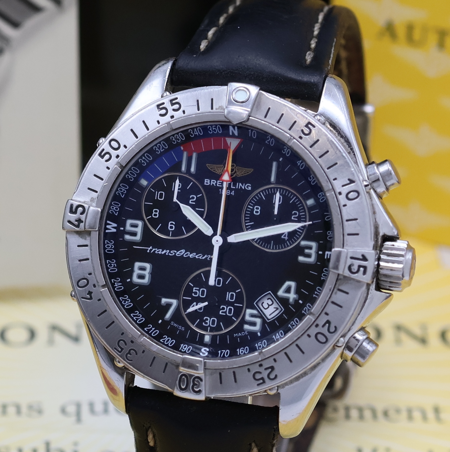 Detail a: BREITLING Transocean Armbandchronograph in Stahl Referenz A53340, Schweiz um 2000, quarz, Boden u. Krone verschr., eins. drehb. Lünette m. 60er ...