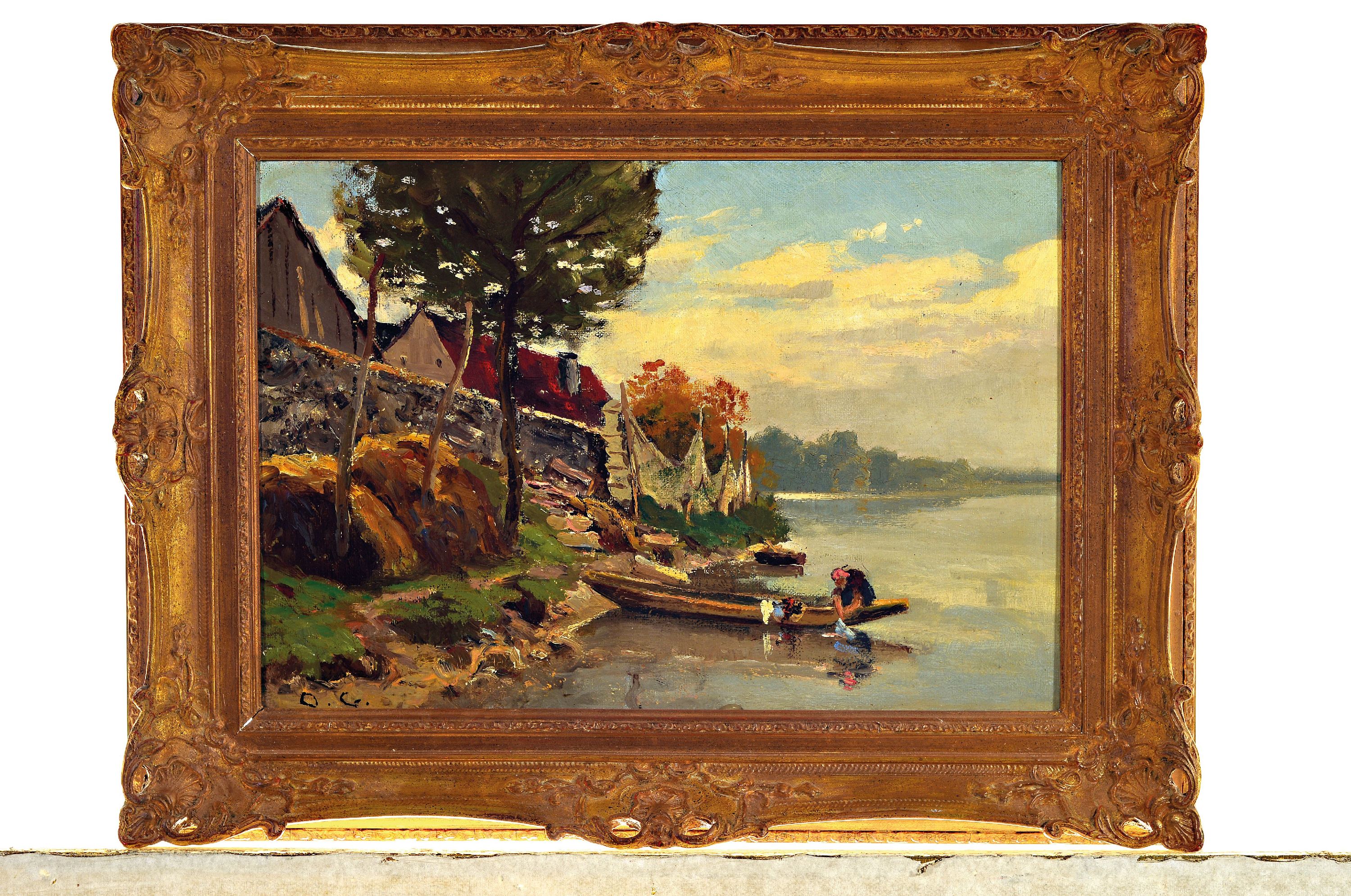 Detail k: Otto Gampert, 1842 Offenbach-1924 Zürich, wohl Bodenseelandschaft, Wäscherin am Ufer, Öl/Lwd/Karton, alt-doubliert, links unten monogrammiert, ...