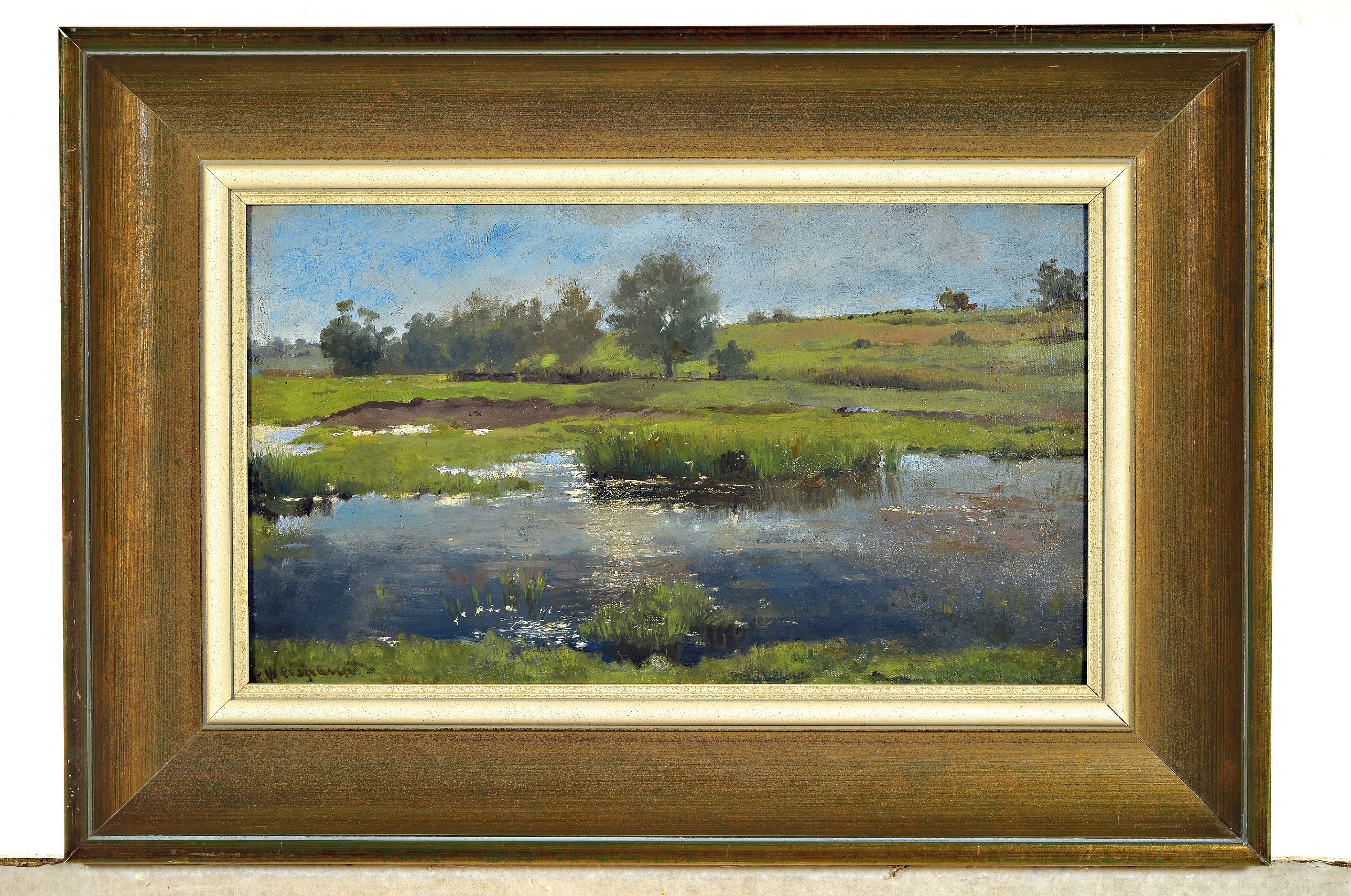 Detail k: Viktor Weißhaupt, 1848 München-1905 Karlsruhe, Auenlandschaft, hervorragende Schilderung der Lichtreflexe des Wassers, untere Bildkante leicht ...