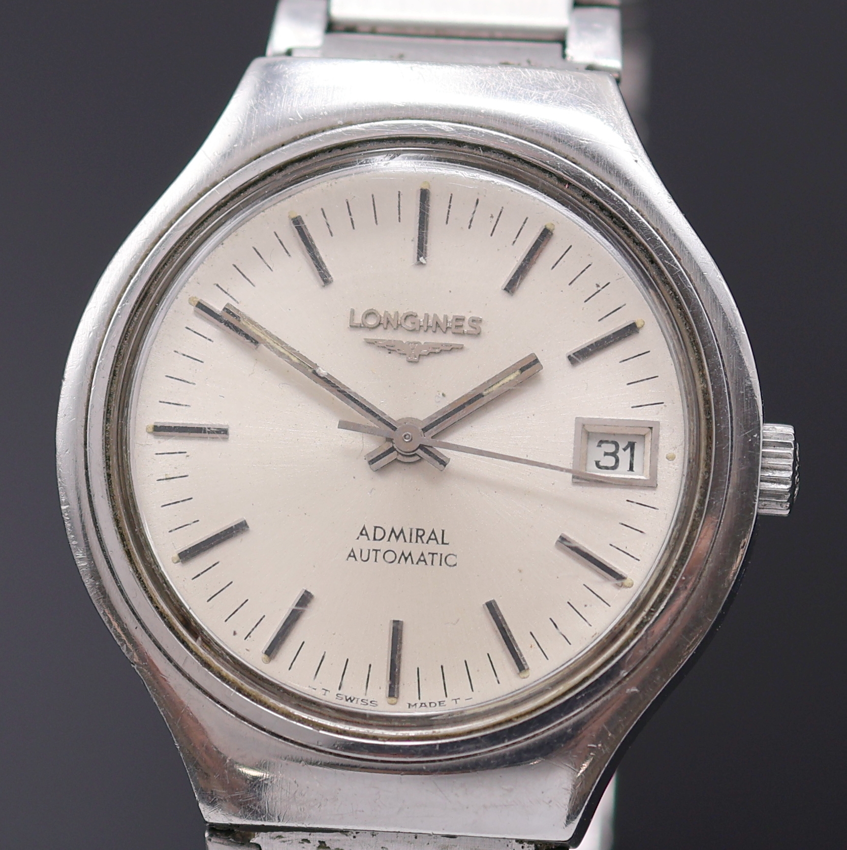 Detail a: LONGINES Admiral Herrenarmbanduhr in Stahl, Schweiz um 1975, Automatik, verschr. Geh. am orig. Stahlband, orig. Krone, silb. Zifferbl., silb. Indizes ...