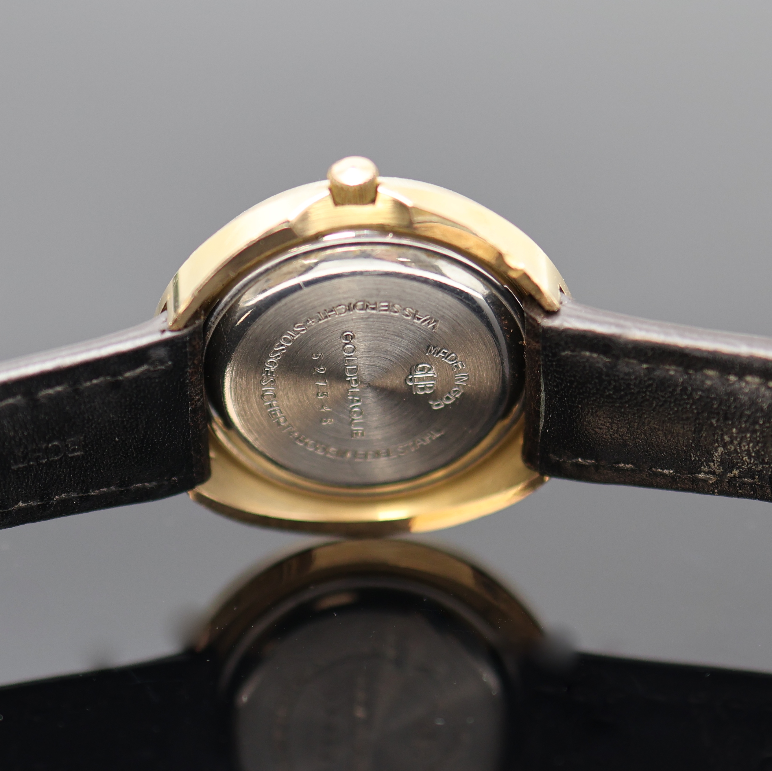 Detail c: GLASHÜTTE Spezimatic Herrenarmbanduhr im 1970er Jahre Design, DDR um 1975, Automatik, verg. Geh. m. aufgedr. Stahlboden, ausgefallenes braunes ...