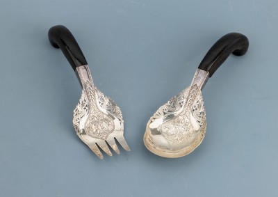 Image 26980300 - Salatbesteck, wohl Orient, Silber gepr., Gebrauchsteile part. durchbrochen, fein grav. ...