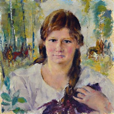 Image 26980320 - Edward Stiefel, 1875-1968, Porträt eines Mädchens, im Hintergrund Pferde und ...