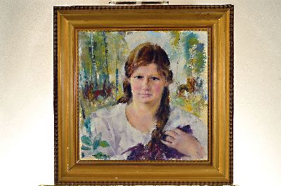 26980320k - Edward Stiefel, 1875-1968, Porträt eines Mädchens, im Hintergrund Pferde und ...