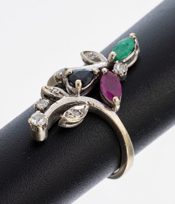Image 26980376 - 14 kt Gold Farbstein-Diamant-Ring, WG 585/000 gepr., florale Gestaltung, facett. ...