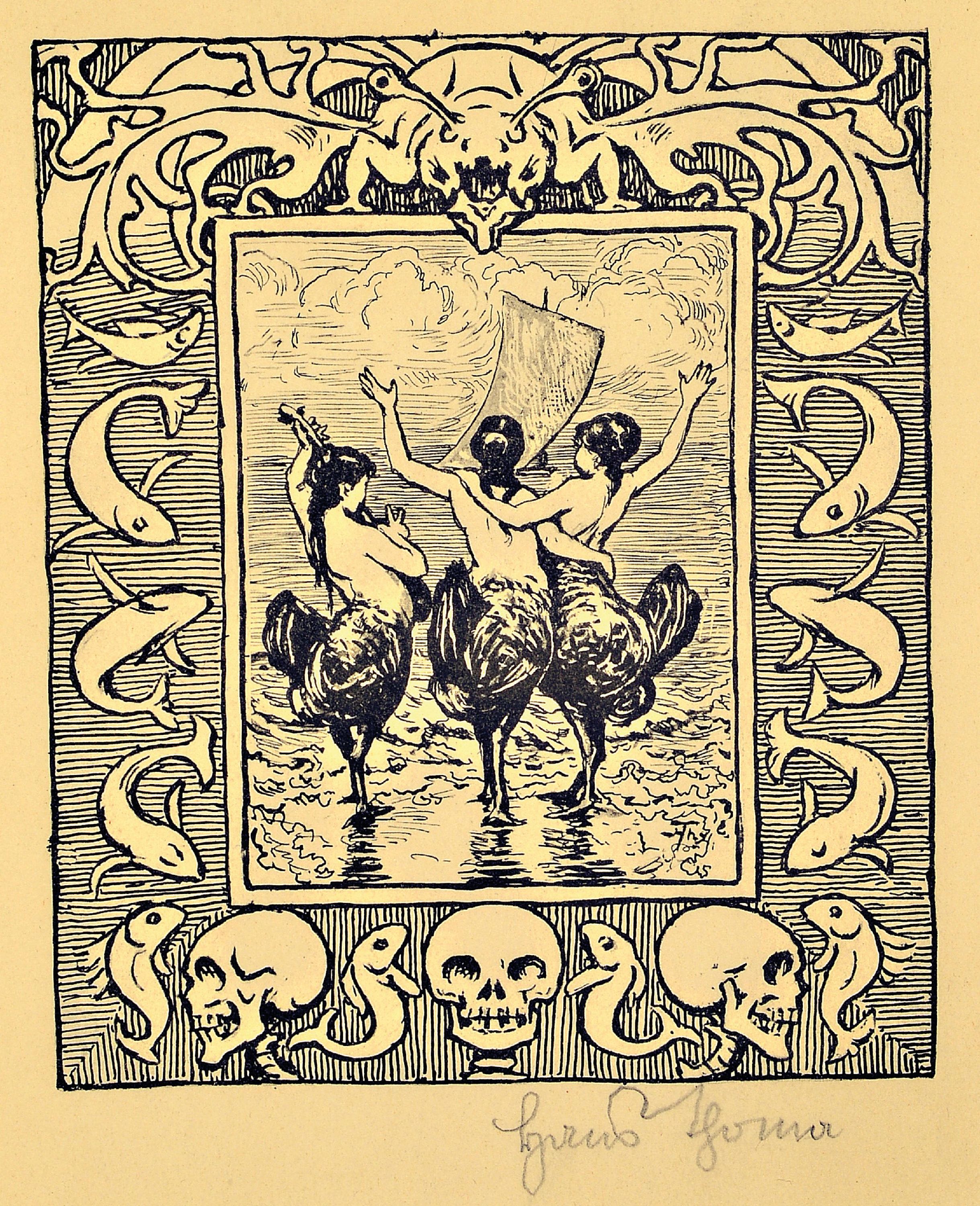 Detail a: Hans Thoma, 1839 Bernau-1924 karlsruhe, 2 Lithographien, "Weltungeheuer" und Drei Sirenen aus "Federspiele" von 1892, je ...