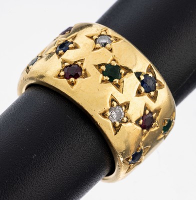 Image 26980604 - 18 kt Gold Farbstein-Brillant-Ring, GG 750/000, 3 rundfacett. Saphire 3 rundfacett. ...