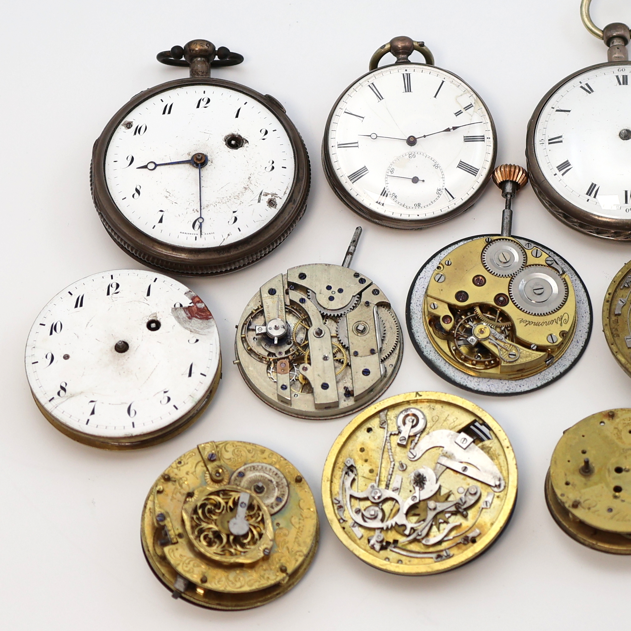 Detail a: Konvolut 3 Silber-Taschenuhren und 10 Taschenuhrwerke u.a. mit Repetition, um 1800 - 1910, Kronen-/Schlüsselaufzug, alle Werke def., f. ...