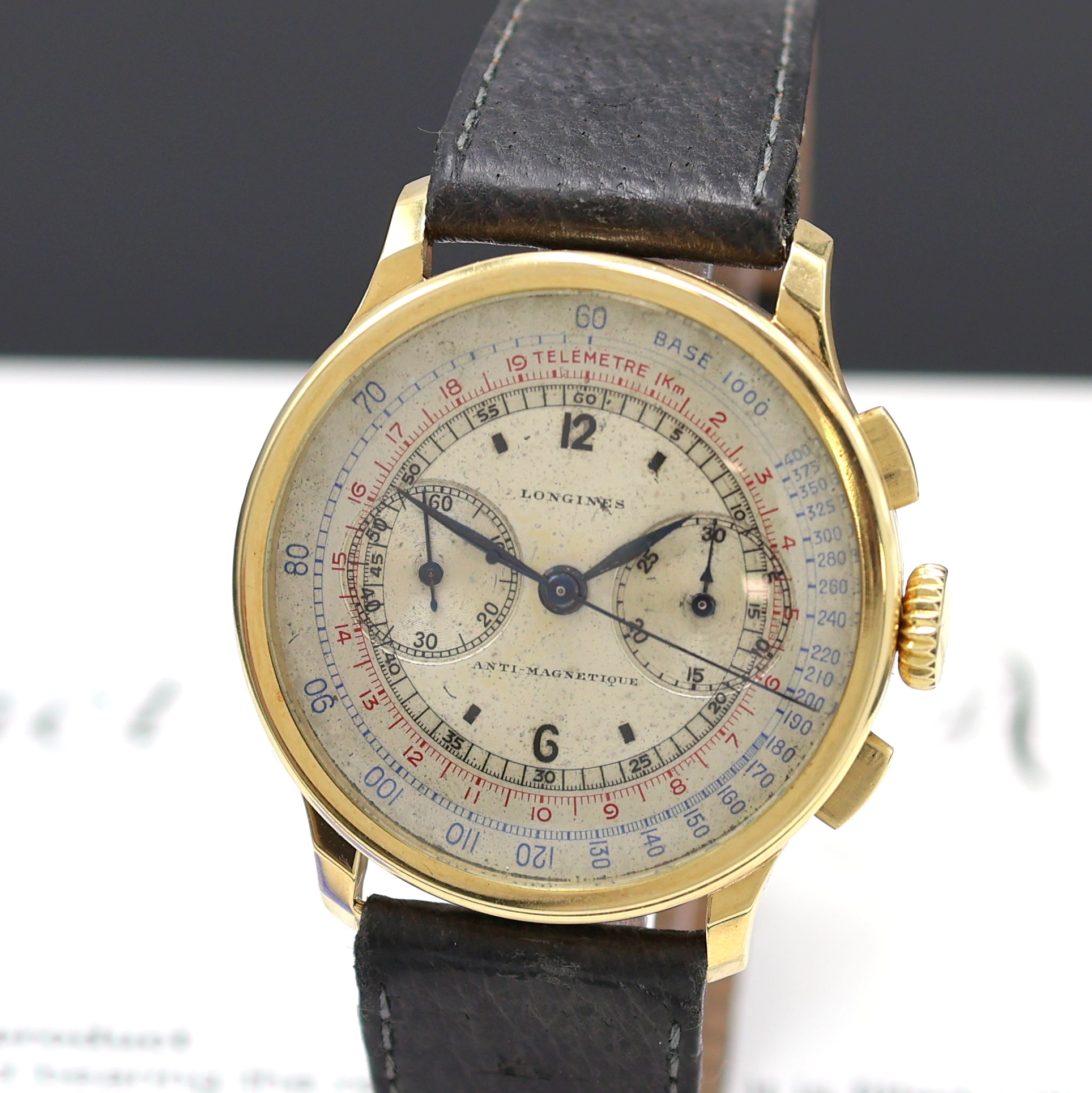 Detail a: LONGINES 13ZN großer Armbandchronograph mit Flyback in GG 750/000 Referenz 3757, Schweiz lt. beil. Stammbuchauszug verk. 1937, Handaufzug, 3-tlg. ...