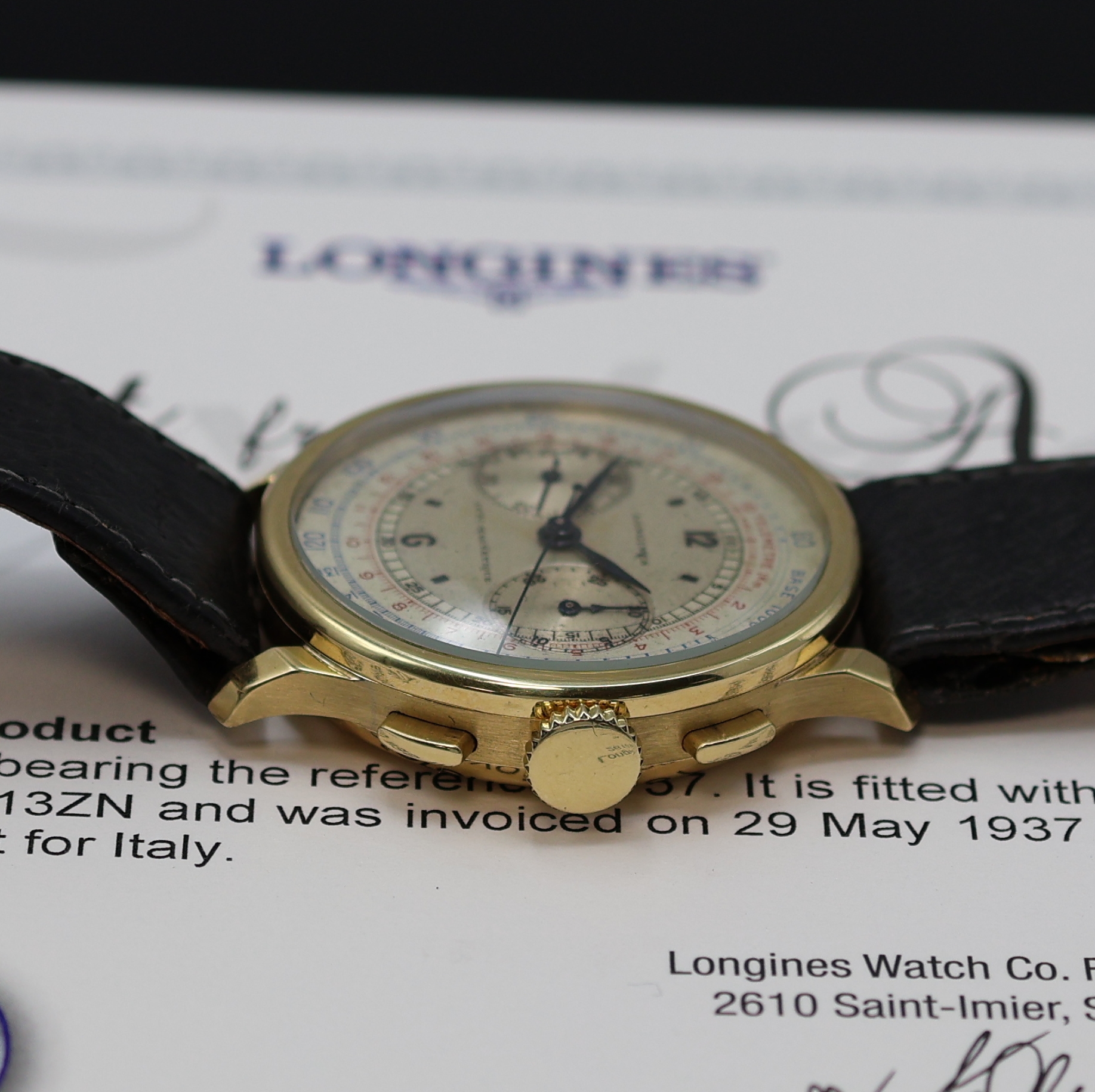 Detail b: LONGINES 13ZN großer Armbandchronograph mit Flyback in GG 750/000 Referenz 3757, Schweiz lt. beil. Stammbuchauszug verk. 1937, Handaufzug, 3-tlg. ...