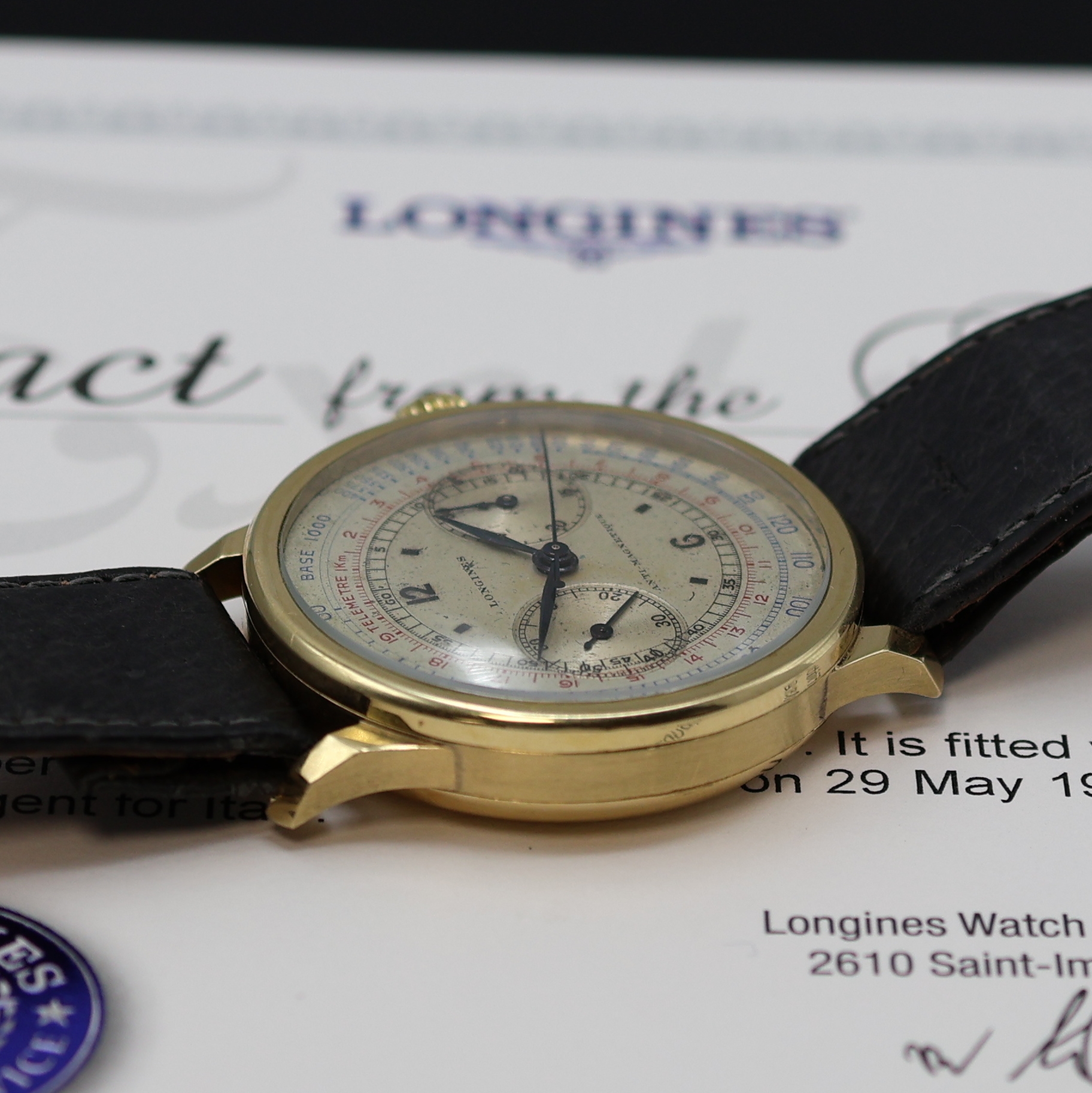 Detail c: LONGINES 13ZN großer Armbandchronograph mit Flyback in GG 750/000 Referenz 3757, Schweiz lt. beil. Stammbuchauszug verk. 1937, Handaufzug, 3-tlg. ...