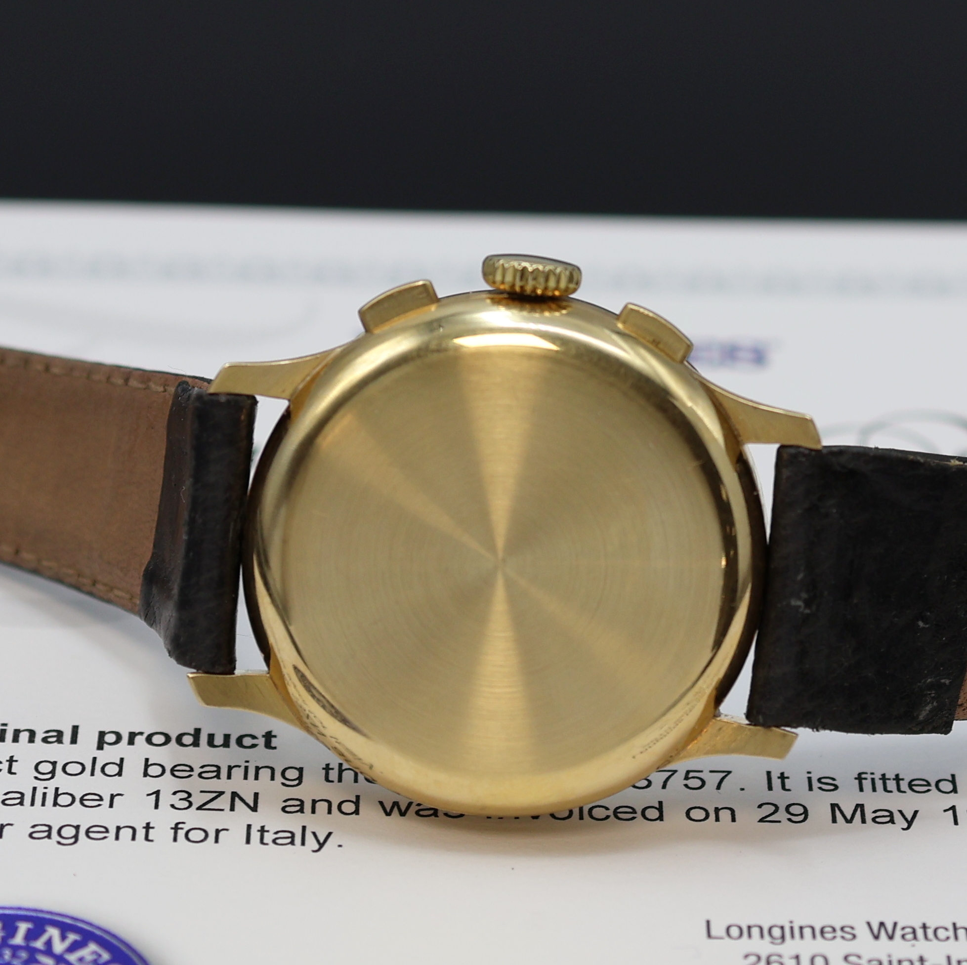Detail d: LONGINES 13ZN großer Armbandchronograph mit Flyback in GG 750/000 Referenz 3757, Schweiz lt. beil. Stammbuchauszug verk. 1937, Handaufzug, 3-tlg. ...