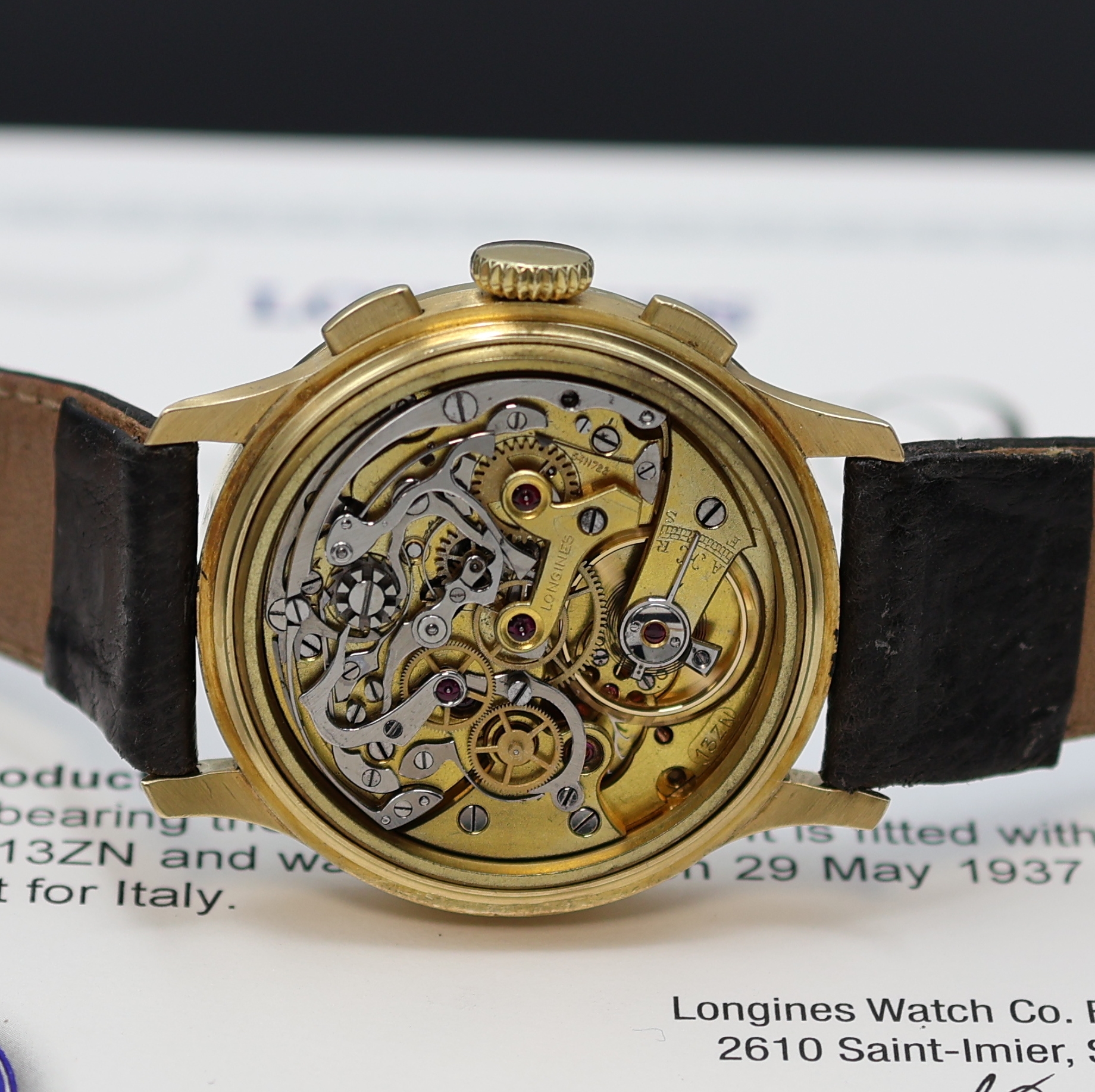 Detail e: LONGINES 13ZN großer Armbandchronograph mit Flyback in GG 750/000 Referenz 3757, Schweiz lt. beil. Stammbuchauszug verk. 1937, Handaufzug, 3-tlg. ...