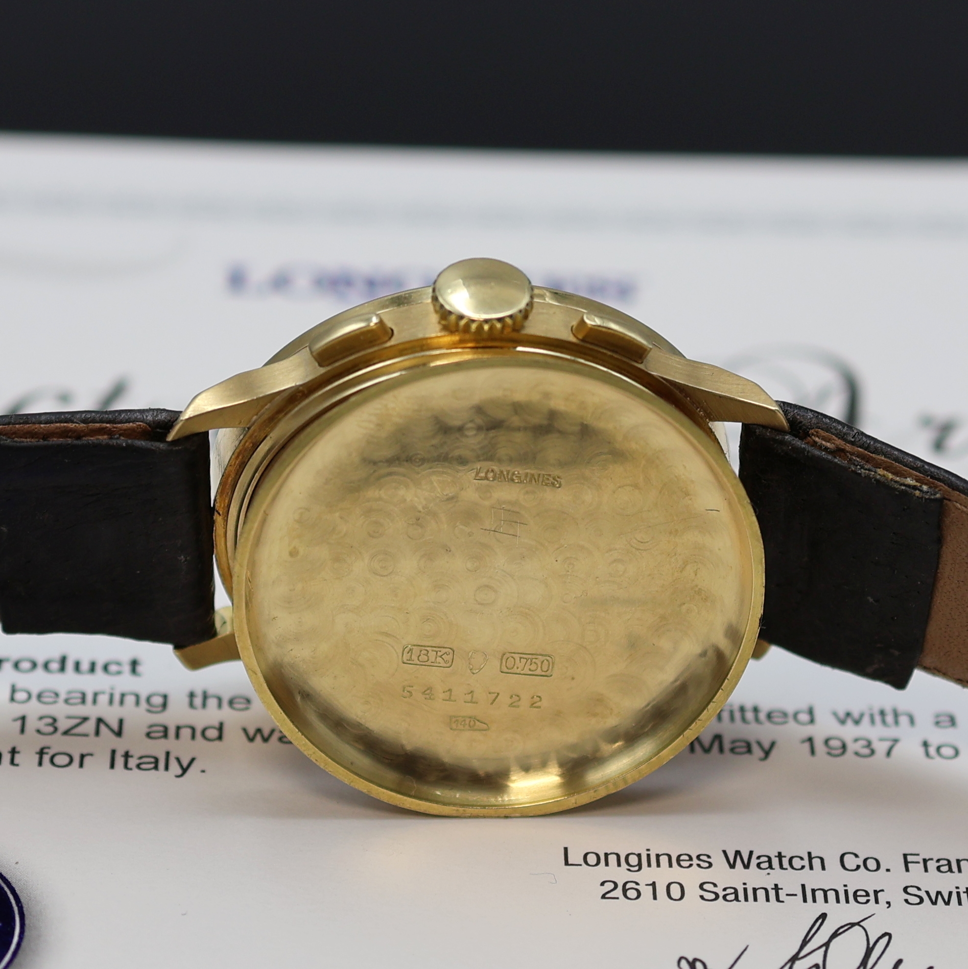 Detail f: LONGINES 13ZN großer Armbandchronograph mit Flyback in GG 750/000 Referenz 3757, Schweiz lt. beil. Stammbuchauszug verk. 1937, Handaufzug, 3-tlg. ...