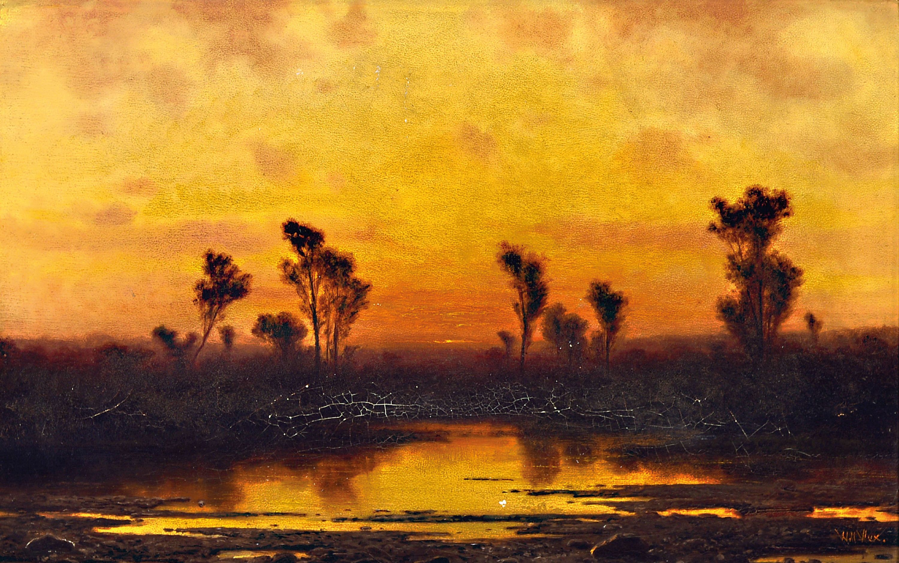 Willibald Wex, 1831 Karlstein bei Reichenhall -1892 München, Marschlandschaft im Abendrot,rechts unten signiert, Öl/Lwd, l. gewellt, Reinigung ...