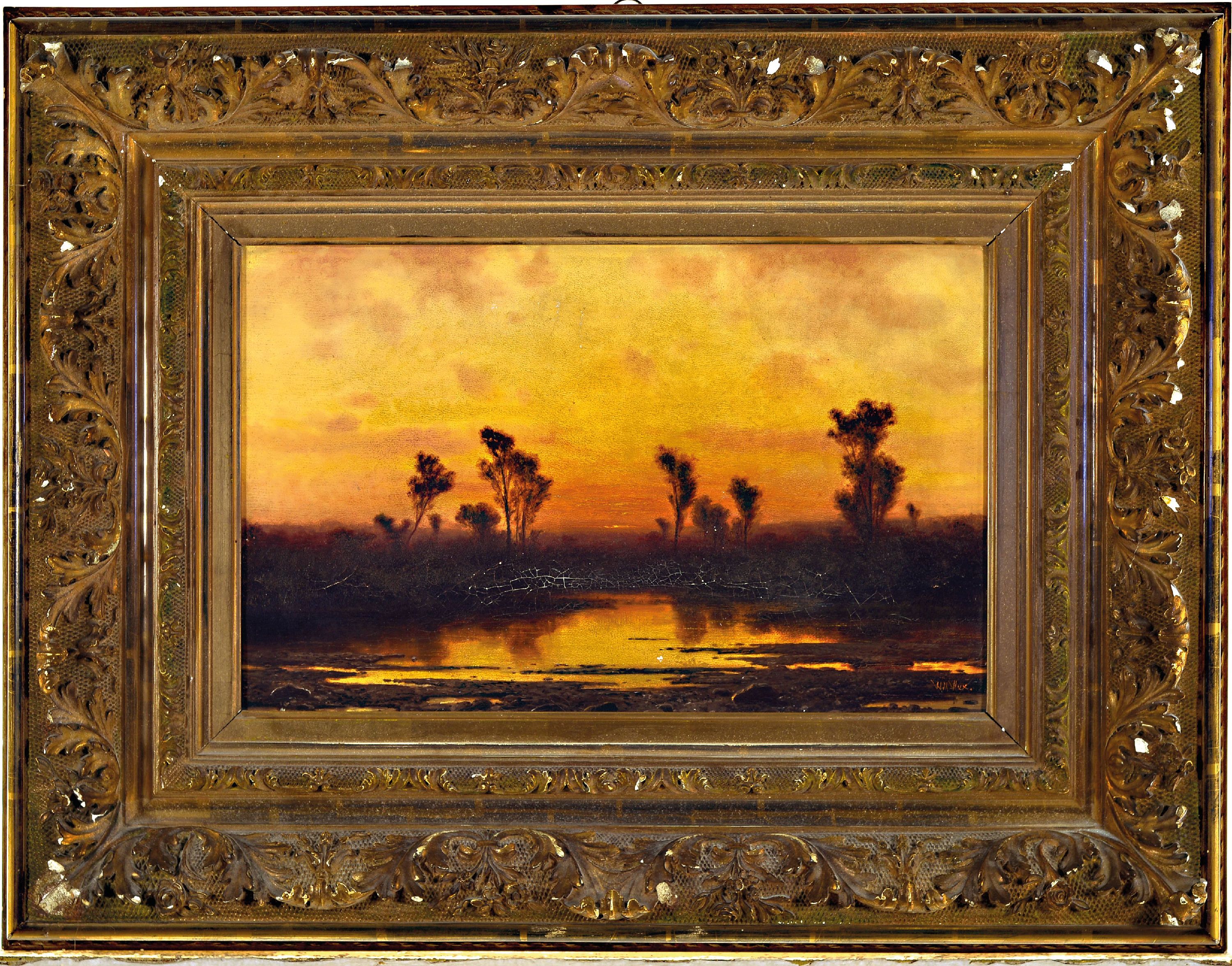 Detail k: Willibald Wex, 1831 Karlstein bei Reichenhall -1892 München, Marschlandschaft im Abendrot,rechts unten signiert, Öl/Lwd, l. gewellt, Reinigung ...