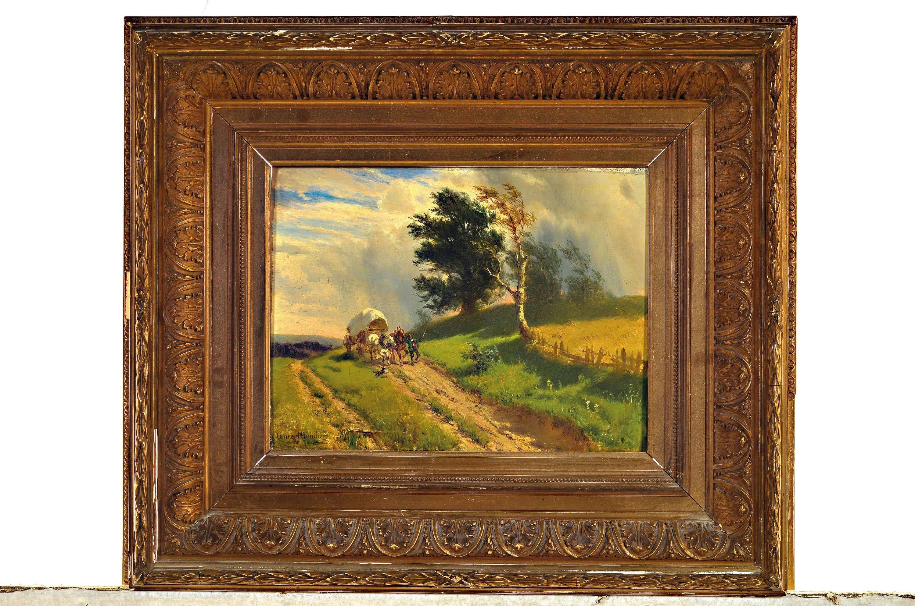 Detail k: Conrad Reinherz, 1835 Breslau-1892 München, süddeutsche Landschaft mit Pferdefuhrwerk vor aufziehendem Gewitter, links unten signiert, Öl/Holz, ...