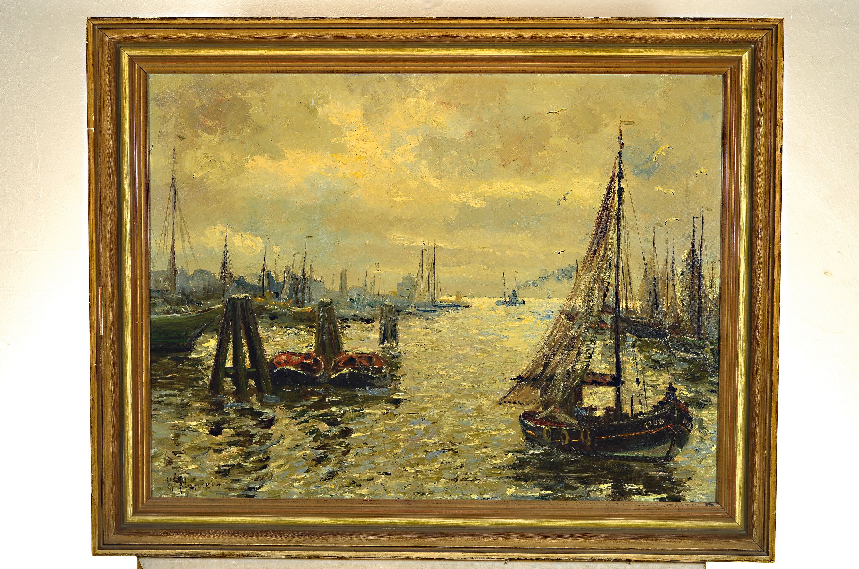 Detail k: Ungedeuteter Künstler des 19./20.Jh., maritime Szene, Blick in ein Hafenbecken, links unten unleserlich signiert, Öl/Lwd, 60x80 cm, Rahmen 73x93 cm