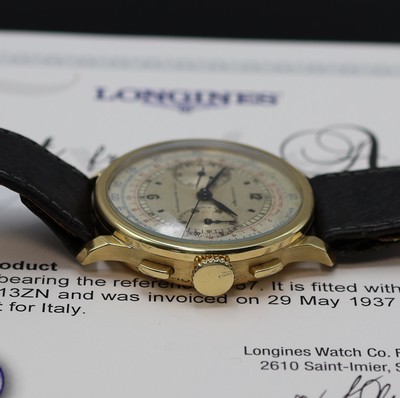 26981071b - LONGINES 13ZN großer Armbandchronograph mit Flyback in GG 750/000 Referenz 3757, ...