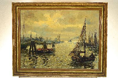 26981086k - Ungedeuteter Künstler des 19./20.Jh., maritime Szene, Blick in ein Hafenbecken, ...