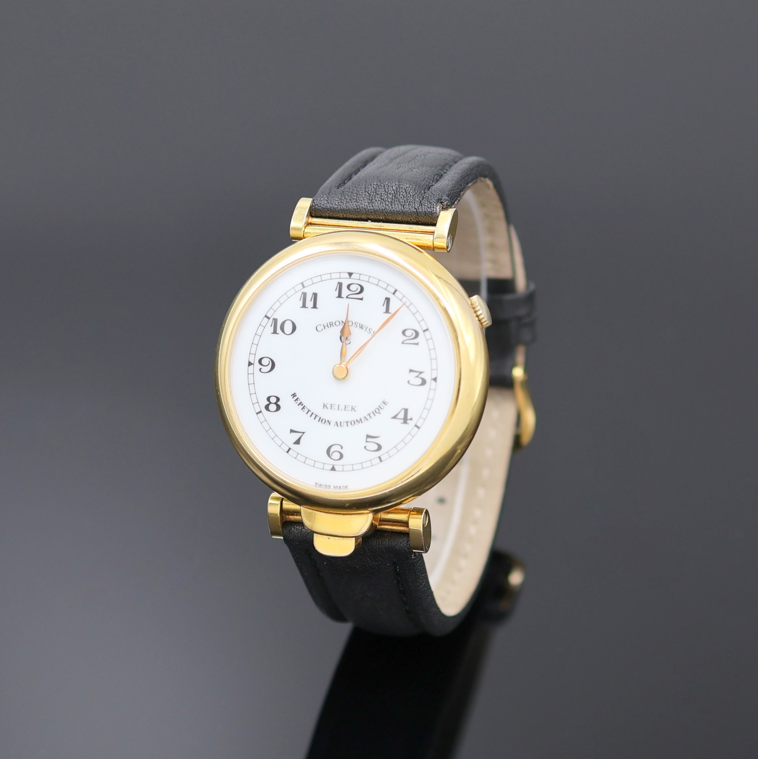 CHRONOSWISS Kelek vergoldete Armbanduhr mit 5 -Minuten-Repetition, Schweiz um 1990, Automatik, großes, beids. vergl. Geh. m. bewegl. Bandanstößen, ...