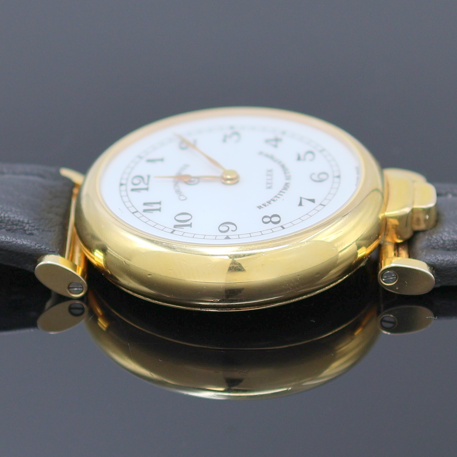 Detail e: CHRONOSWISS Kelek vergoldete Armbanduhr mit 5 -Minuten-Repetition, Schweiz um 1990, Automatik, großes, beids. vergl. Geh. m. bewegl. Bandanstößen, ...