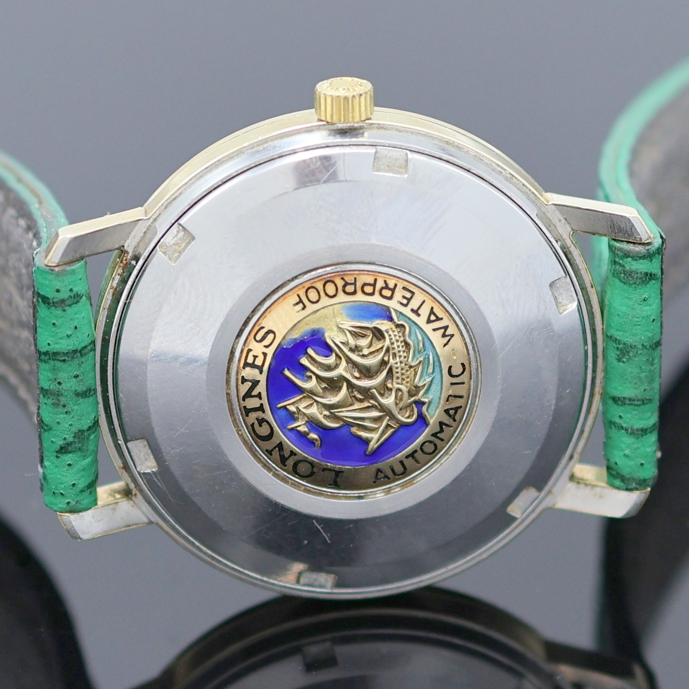Detail f: LONGINES Flagship Armbanduhr Referenz 3318-7 in Stahl/Gold, Schweiz um 1967, Automatik, verschr. Geh., Boden m. email. Goldplakette (Email besch.), ...