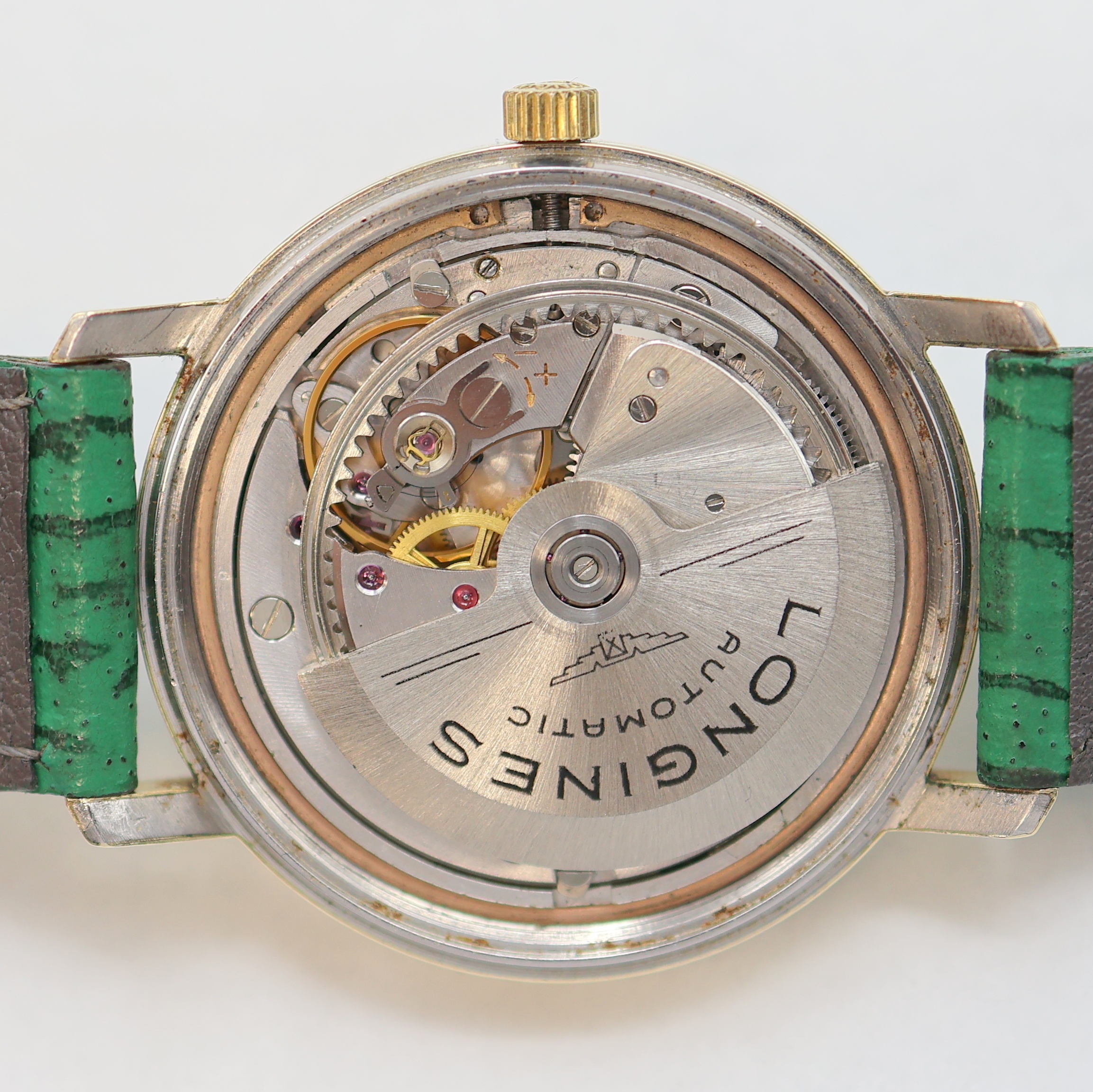 Detail g: LONGINES Flagship Armbanduhr Referenz 3318-7 in Stahl/Gold, Schweiz um 1967, Automatik, verschr. Geh., Boden m. email. Goldplakette (Email besch.), ...