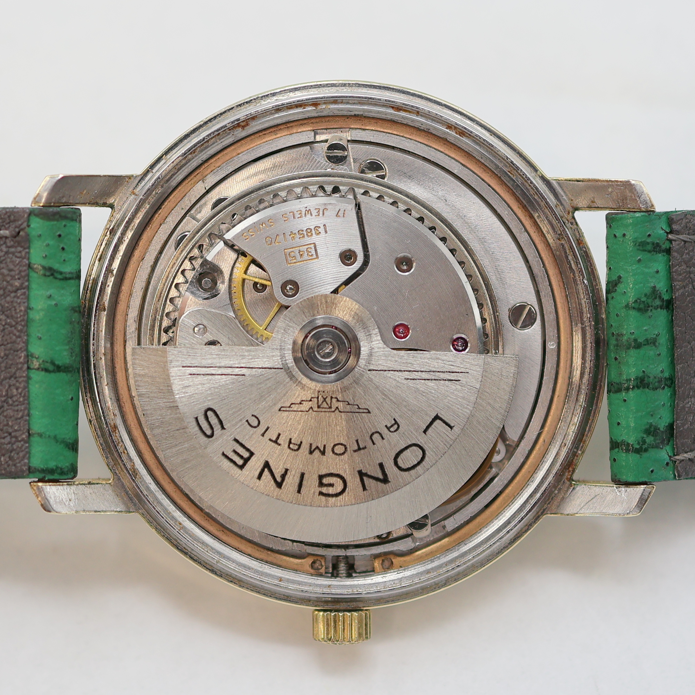 Detail h: LONGINES Flagship Armbanduhr Referenz 3318-7 in Stahl/Gold, Schweiz um 1967, Automatik, verschr. Geh., Boden m. email. Goldplakette (Email besch.), ...