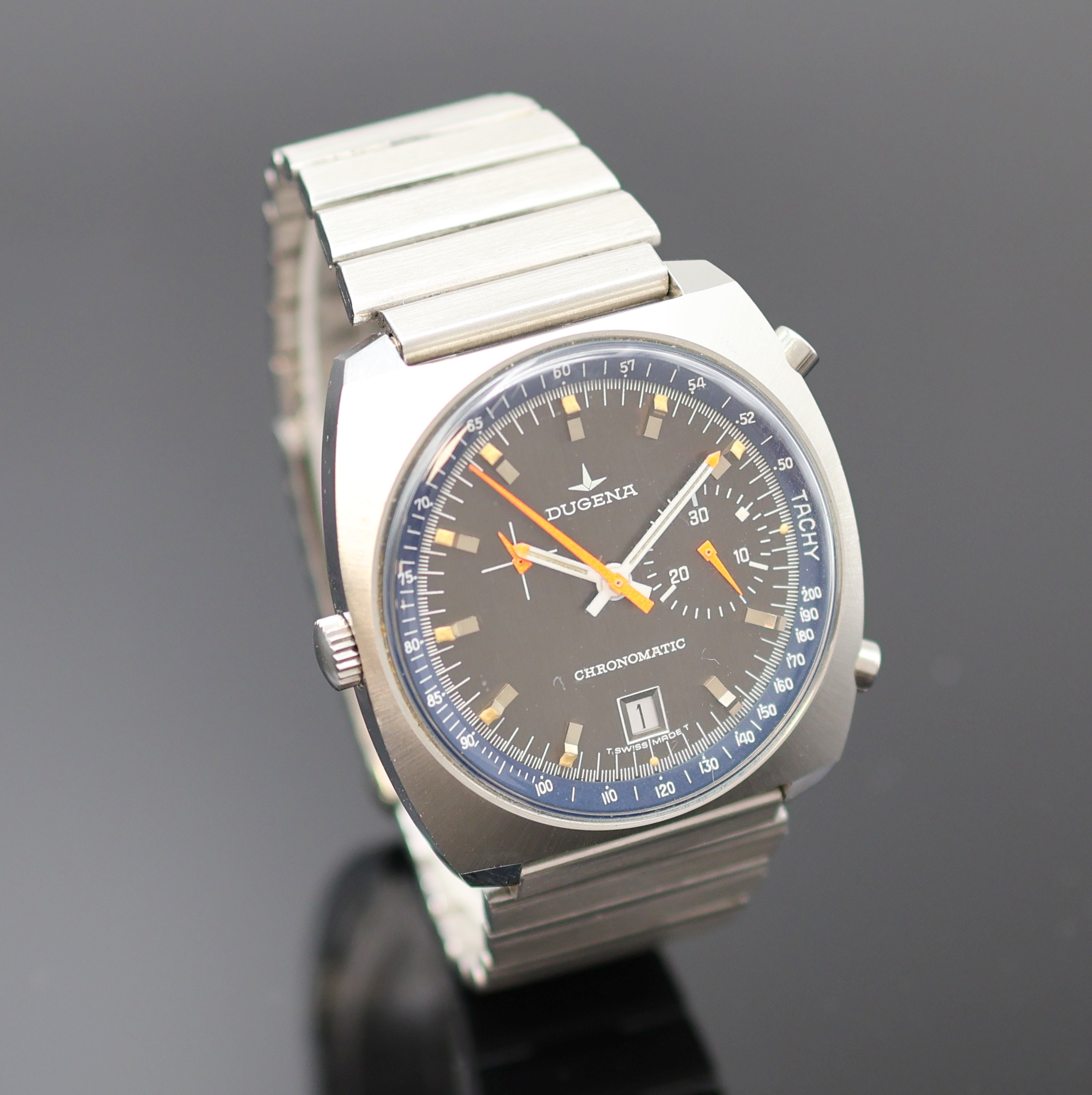 Detail b: DUGENA Chronomatic Herrenchronograph in Stahl Kaliber 15, Schweiz um 1975, Automatik, kissenförm. Geh., verschr. Glasboden später, am passenden ...