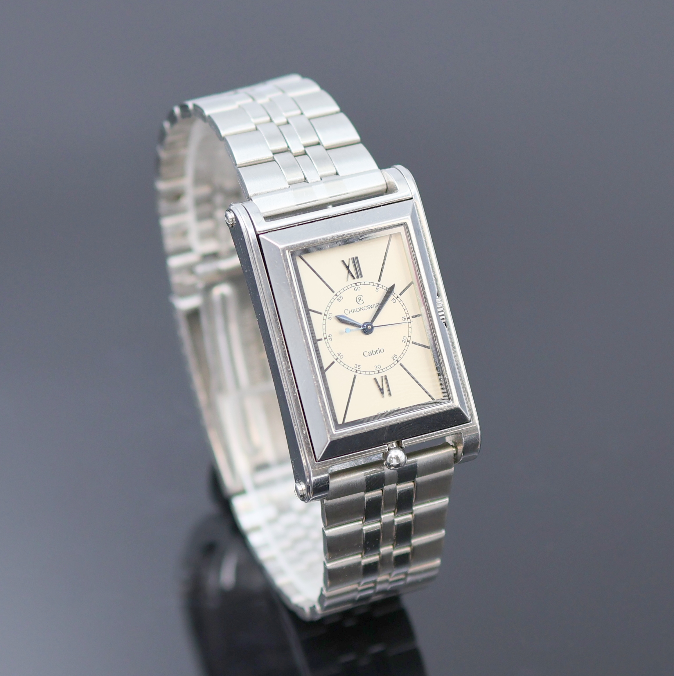 Detail b: CHRONOSWISS Cabrio Armbanduhr Referenz CH2673 in Stahl, Schweiz lt. orig. Papier verk. 1993, Automatik, massives Wendegeh. beids. vergl., Boden ...