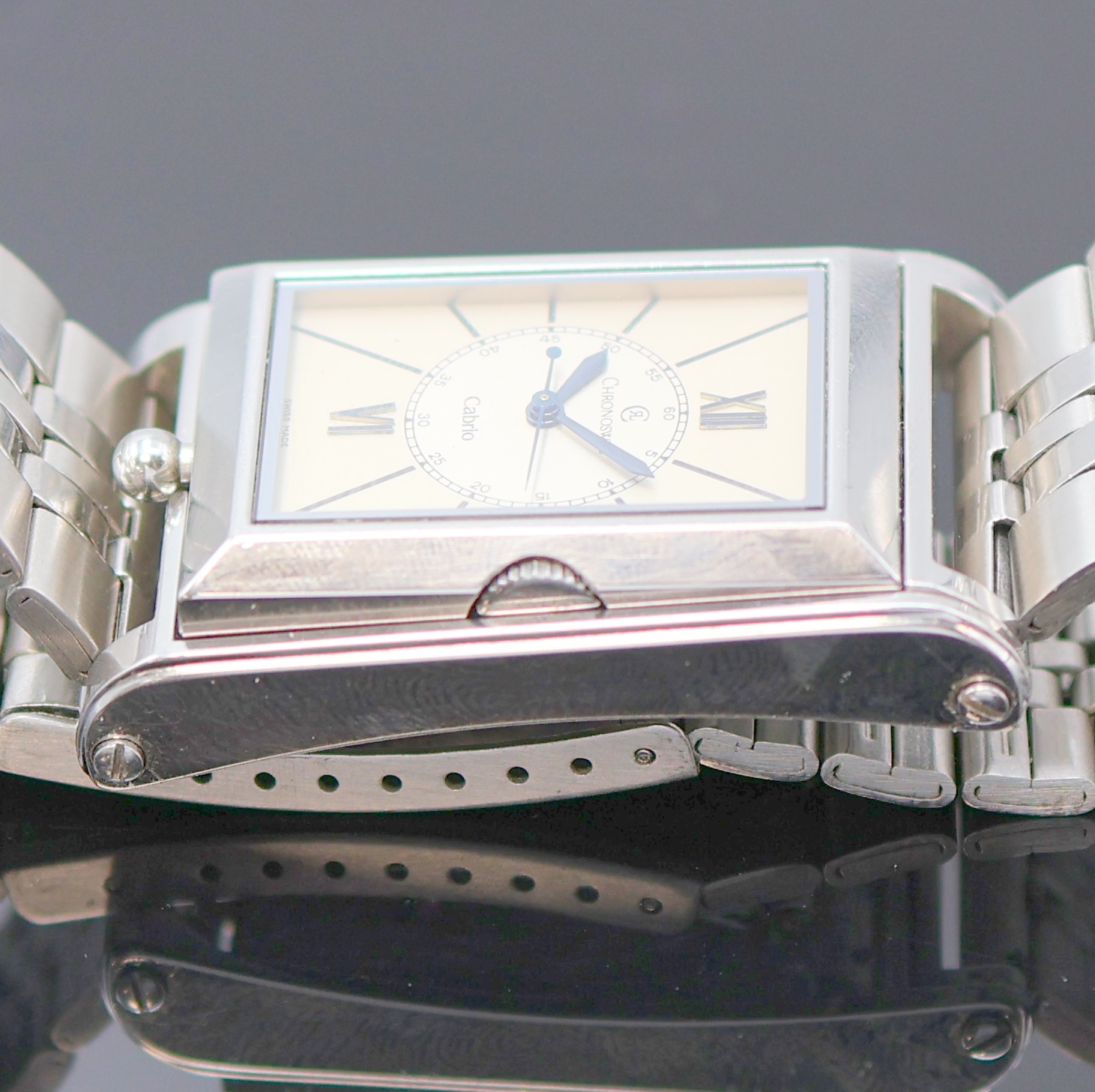 Detail e: CHRONOSWISS Cabrio Armbanduhr Referenz CH2673 in Stahl, Schweiz lt. orig. Papier verk. 1993, Automatik, massives Wendegeh. beids. vergl., Boden ...