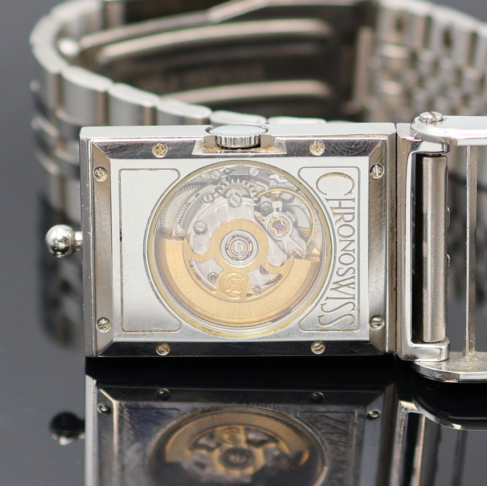 Detail g: CHRONOSWISS Cabrio Armbanduhr Referenz CH2673 in Stahl, Schweiz lt. orig. Papier verk. 1993, Automatik, massives Wendegeh. beids. vergl., Boden ...