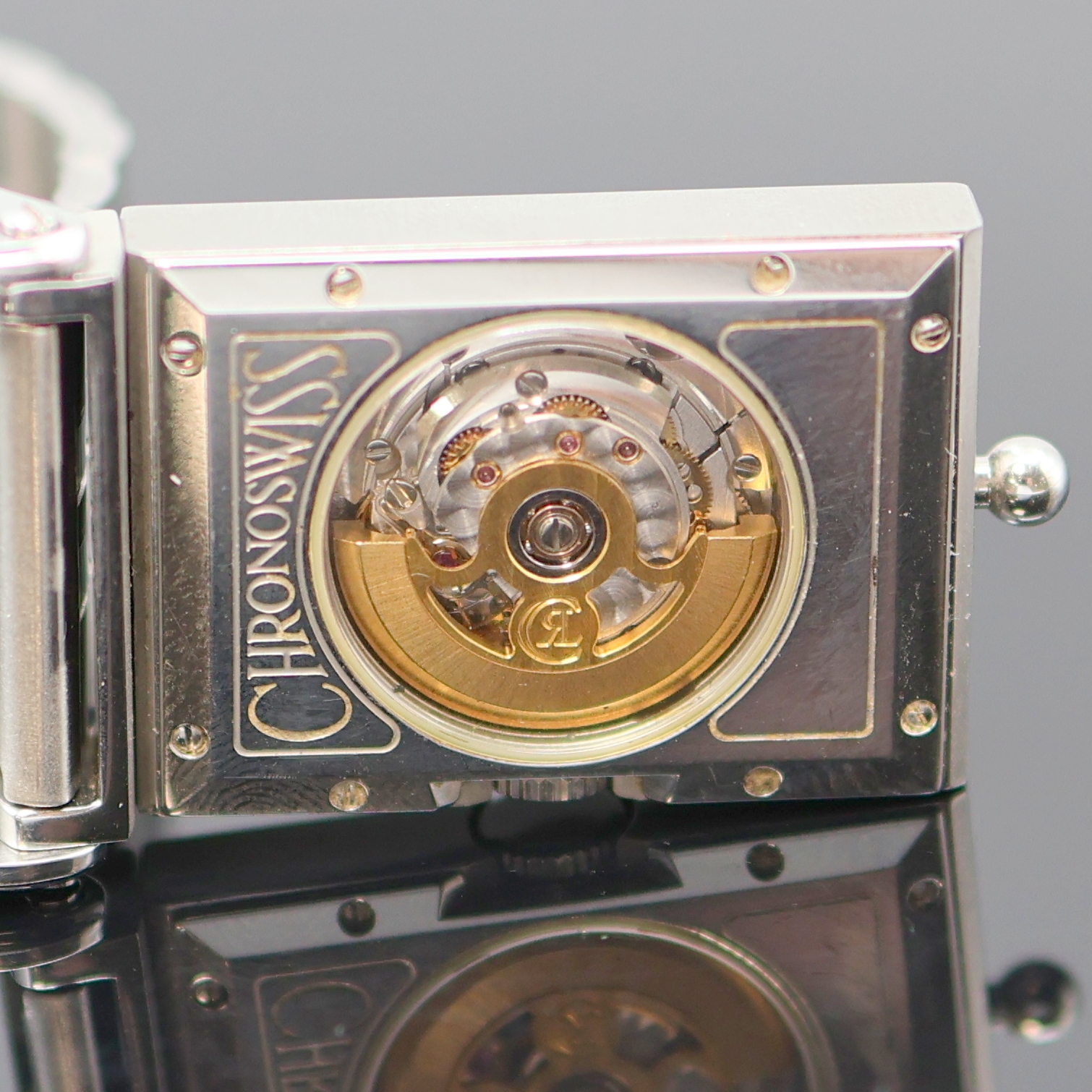 Detail h: CHRONOSWISS Cabrio Armbanduhr Referenz CH2673 in Stahl, Schweiz lt. orig. Papier verk. 1993, Automatik, massives Wendegeh. beids. vergl., Boden ...