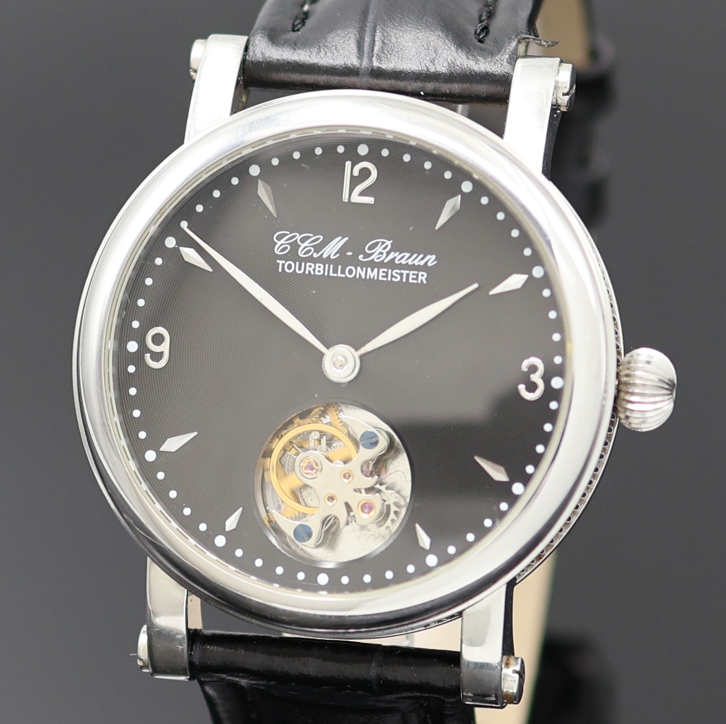 Detail a: CCM BRAUN Tourbillonmeister Armbanduhr in Stahl, Asien um 2006, Handaufzug, beids. vergl. Geh. m. geripptem Rand, Boden bez. "Tourbillonseminar ...