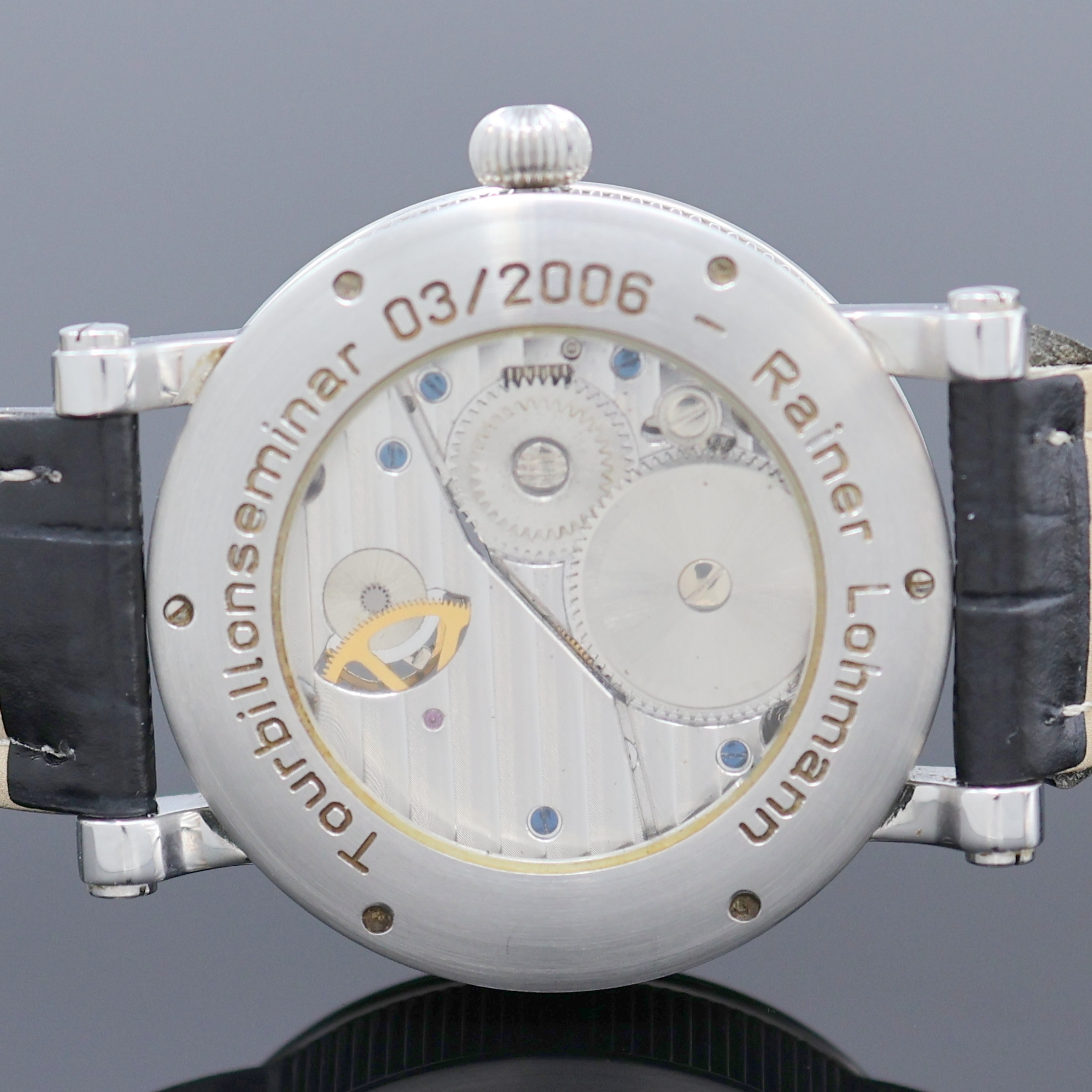 Detail e: CCM BRAUN Tourbillonmeister Armbanduhr in Stahl, Asien um 2006, Handaufzug, beids. vergl. Geh. m. geripptem Rand, Boden bez. "Tourbillonseminar ...