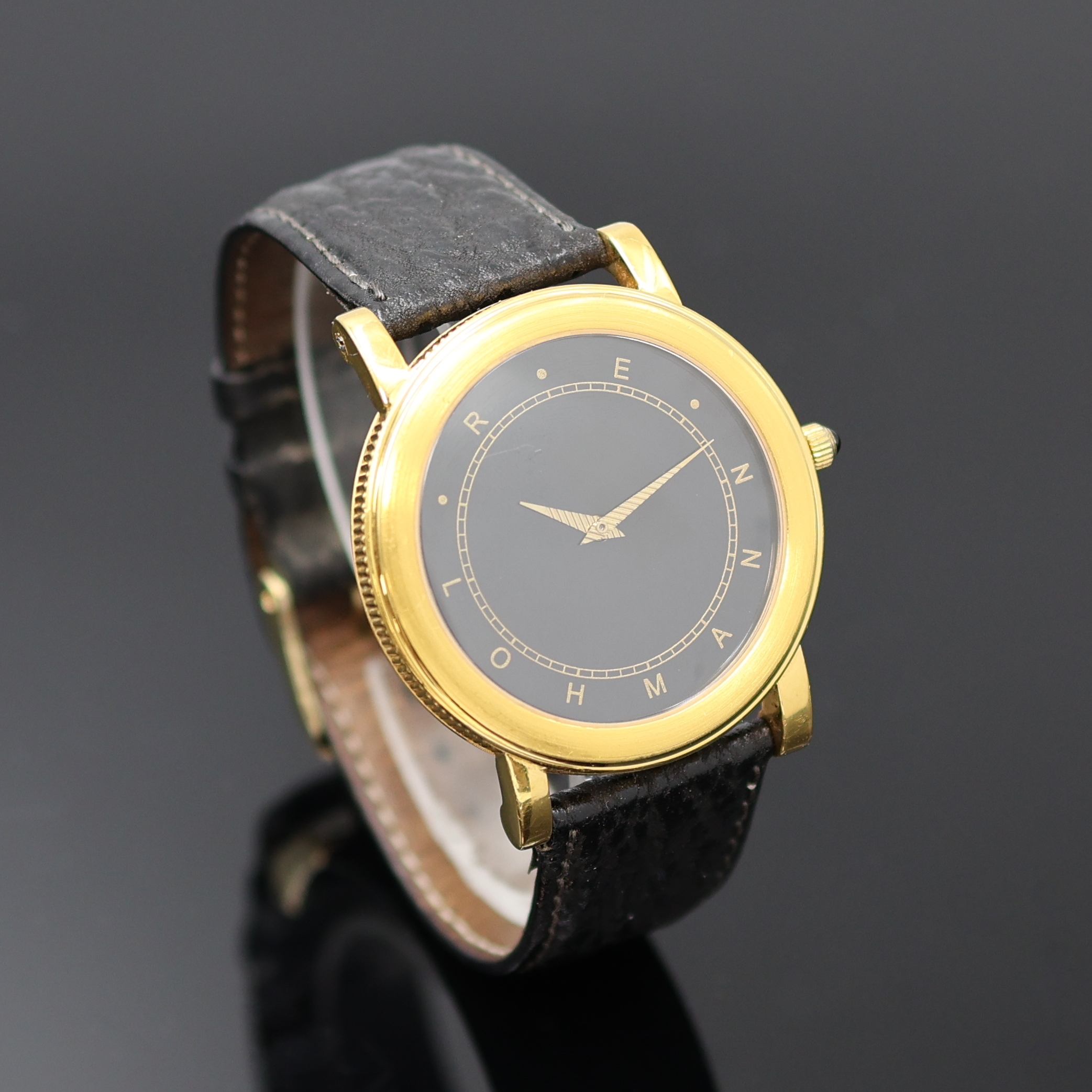 Detail b: LOHMANN Armbanduhr in GG 585/000, Schweiz/ Deutschland um 2000, Automatik, beids. vergl. Geh. m. geripptem Rand, Boden 6-fach verschr., schwarzes ...