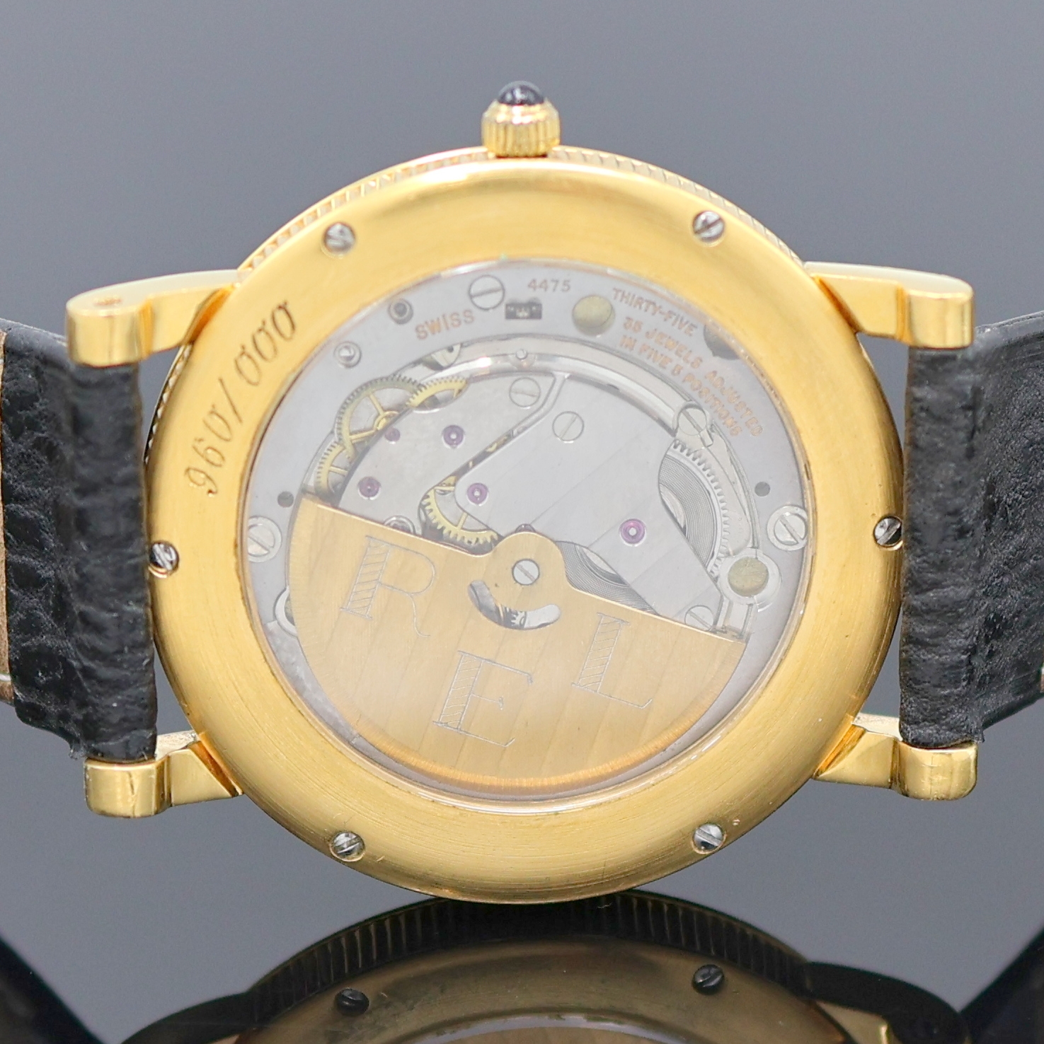 Detail e: LOHMANN Armbanduhr in GG 585/000, Schweiz/ Deutschland um 2000, Automatik, beids. vergl. Geh. m. geripptem Rand, Boden 6-fach verschr., schwarzes ...